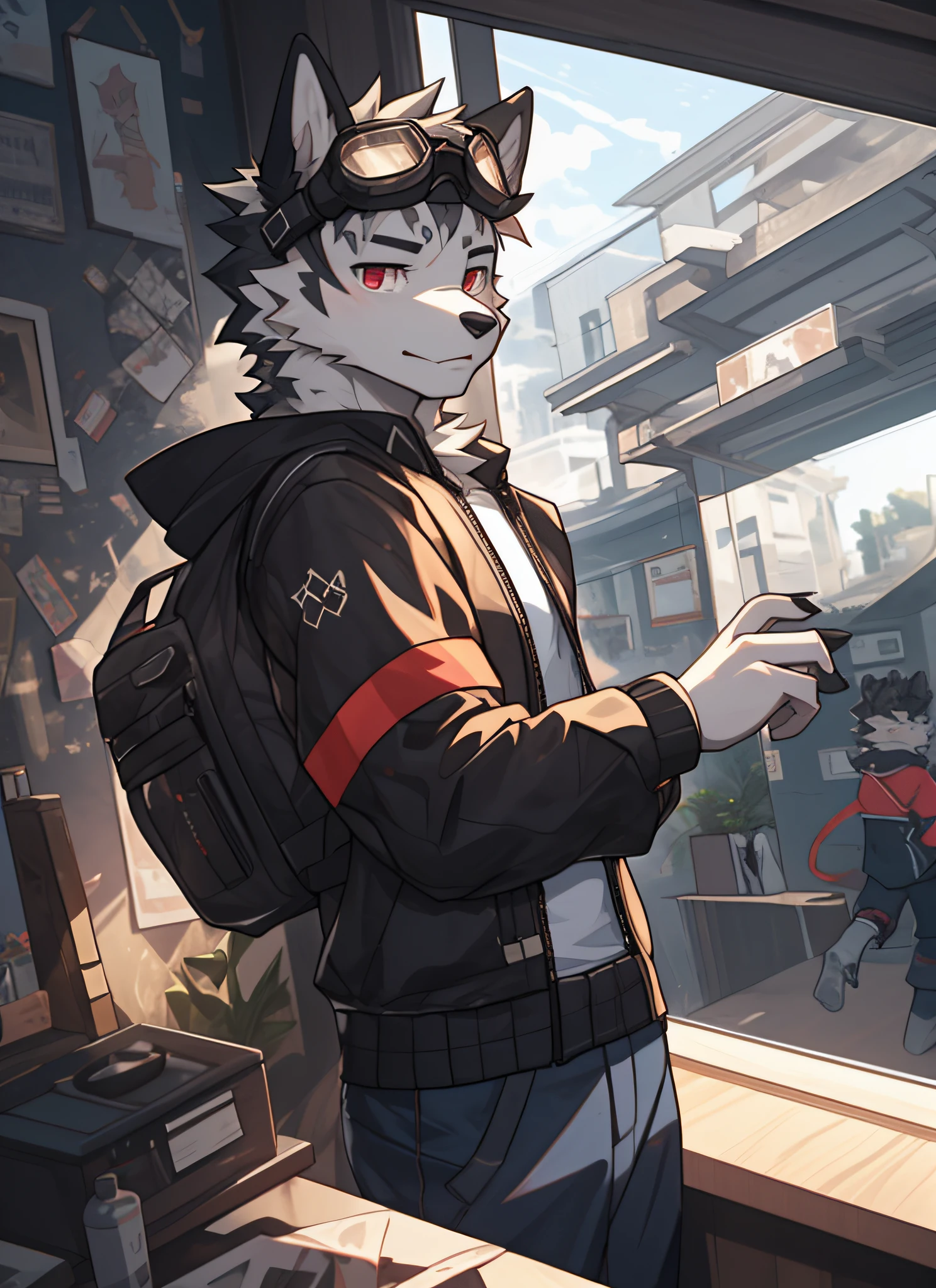 furry,younge boy,young,red color eyes,No hats,Wearing blue tech goggles,Bedrooms,Cai Xukun's,Cool reflective clothes,CG,4K,Beautiful