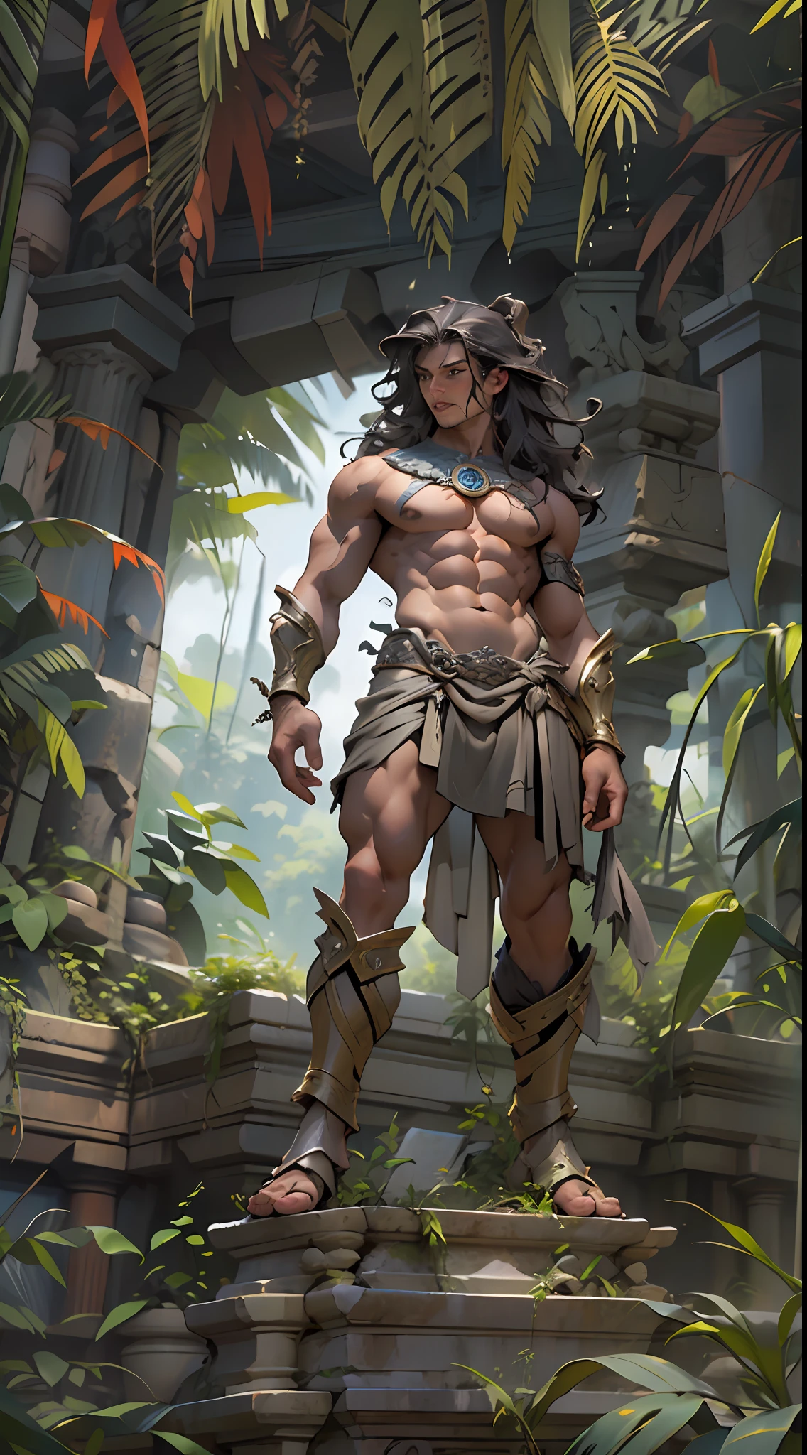 Sculpted warrior, exposed upper torso, legs bared from thighs to feet, flowing long curls, intricate muscular details, photorealistic depiction, 4K resolution. Background: Ancient temple ruins in a lush jungle,32k uhd, best quality, masterpiece, super detail, high details
