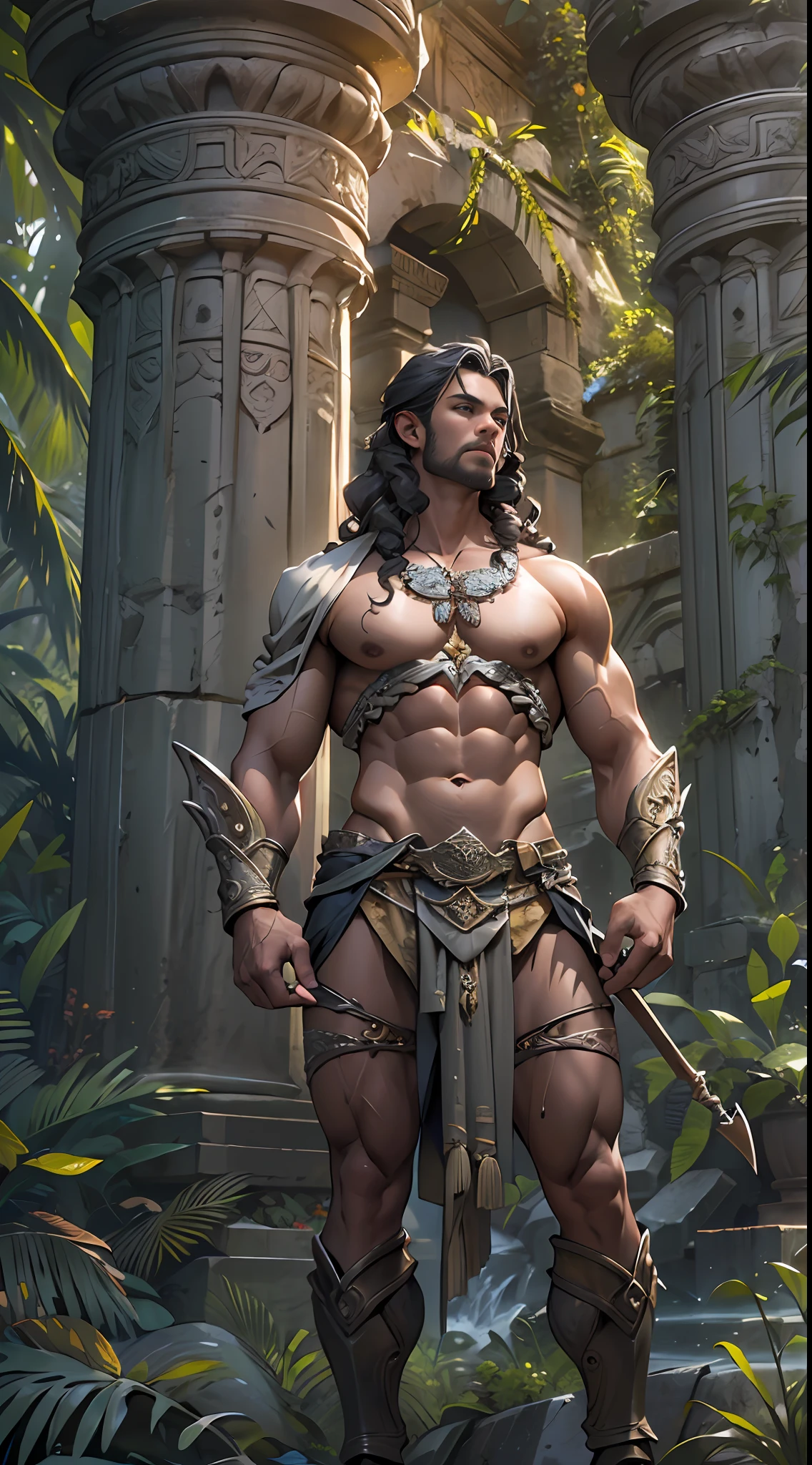 Sculpted warrior, exposed upper torso, legs bared from thighs to feet, flowing long curls, intricate muscular details, photorealistic depiction, 4K resolution. Background: Ancient temple ruins in a lush jungle,32k uhd, best quality, masterpiece, super detail, high details