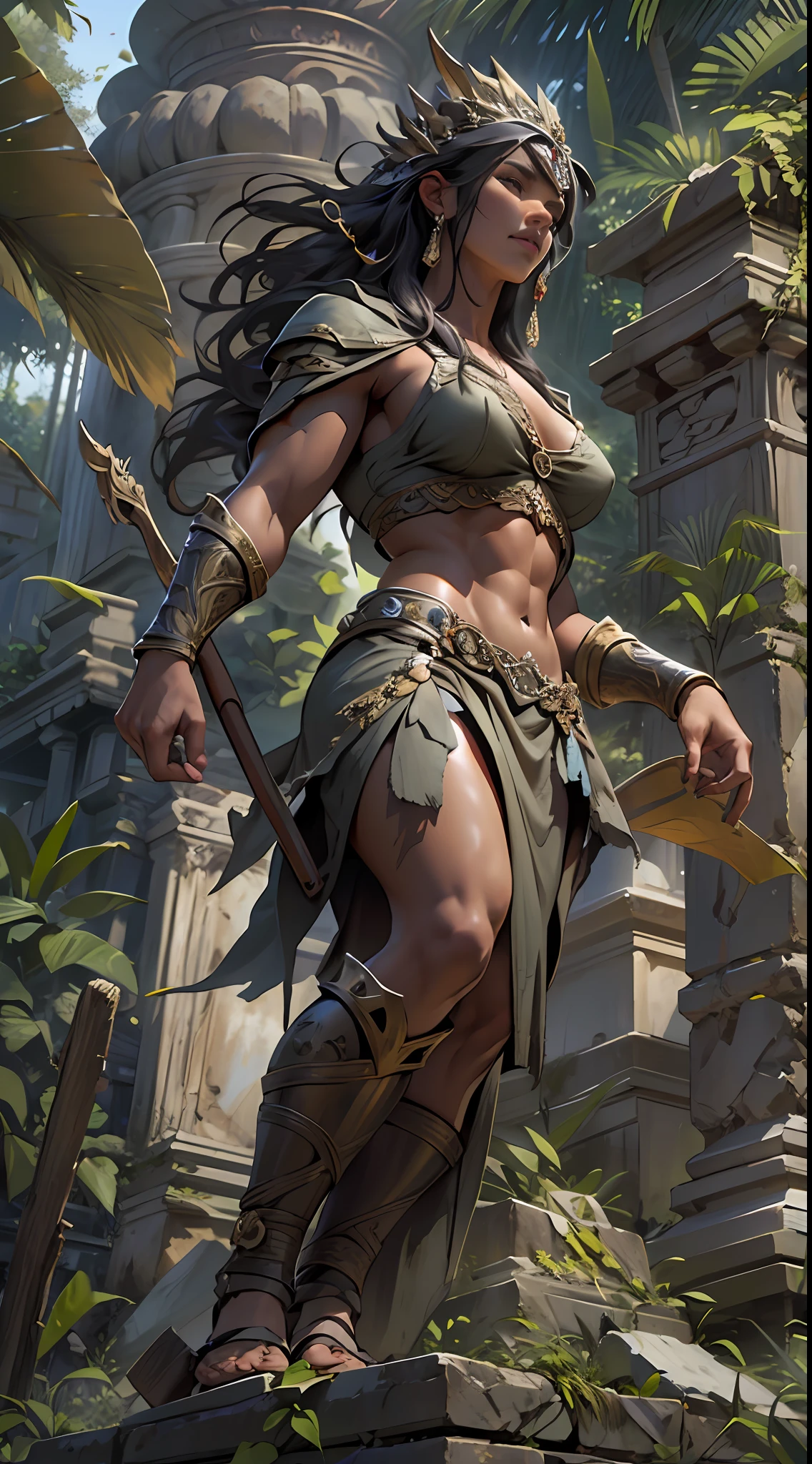 Sculpted warrior, exposed upper torso, legs bared from thighs to feet, flowing long curls, intricate muscular details, photorealistic depiction, 4K resolution. Background: Ancient temple ruins in a lush jungle,32k uhd, best quality, masterpiece, super detail, high details