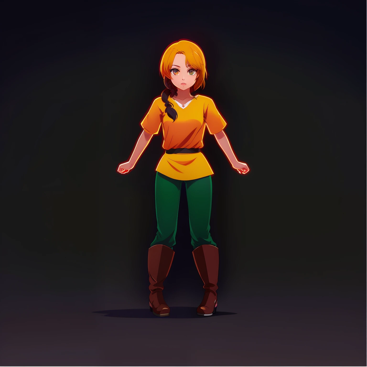 imagem de uma mulher com cabelo laranja, green shirt and brown pants, usando botas, Personagem de corpo inteiro, caractere de comprimento total,, animation character, protagonista feminina, character is standing, full body character concept, character illustration, Design de personagem de corpo inteiro, personagem feminina, anime, dobras bonita, cabelo laranja detalhado,  concept art, cores saturado e vivo
