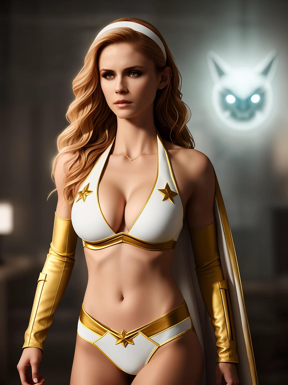 epic realistic, a woman looks angrily with glowing white eyes, cinematic, complex background, 4k textures, waist height, large breasts, skimpy, cleavage, ((bikini)),