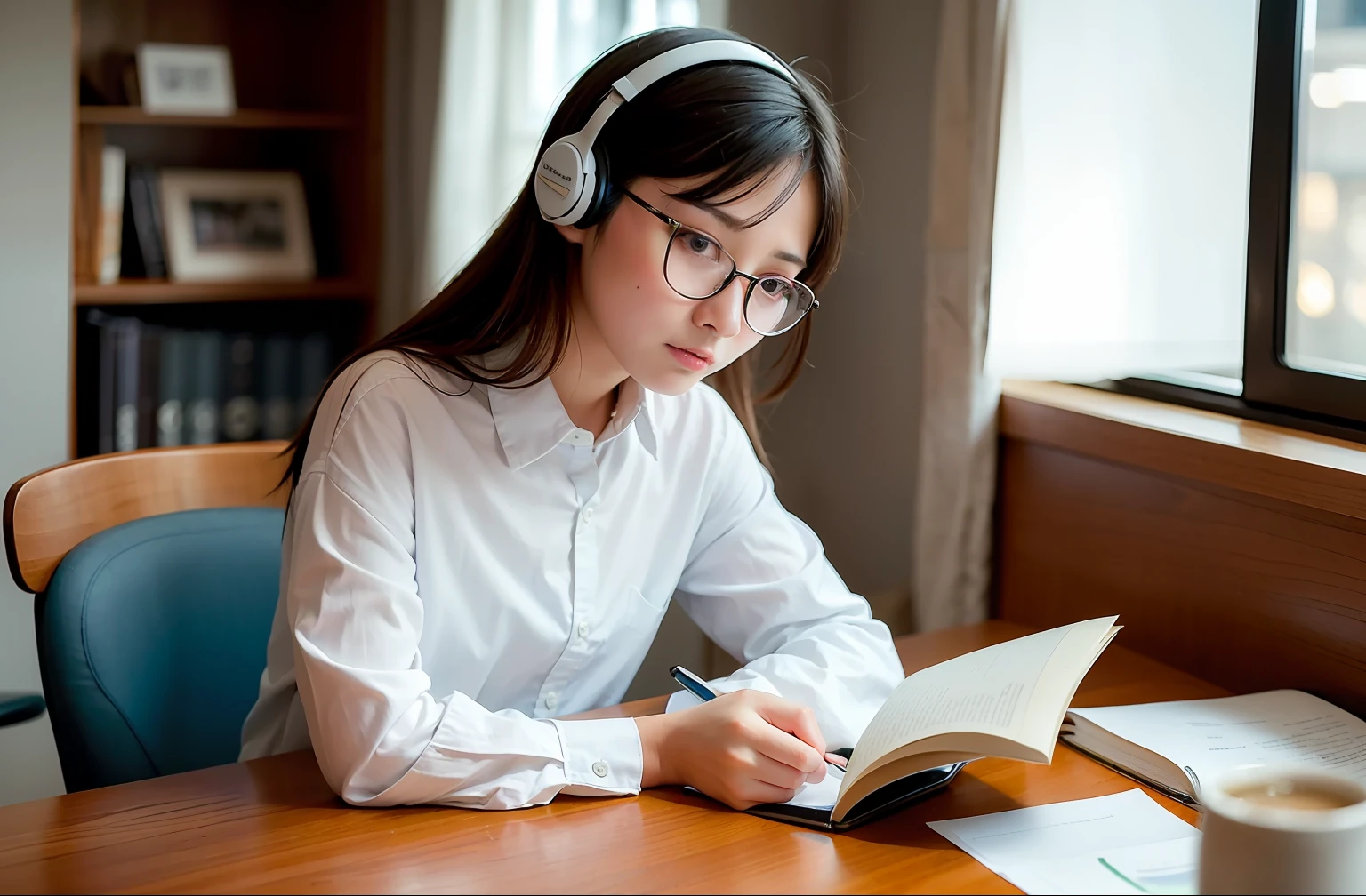 ((Best Quality, 8K, Masterpiece: 1.3)), A female student wearing glasses is sitting at her desk, listening to music, opening a book and taking notes at small room, in front of computer, night time, raning outside, cat stay at the window, coffee