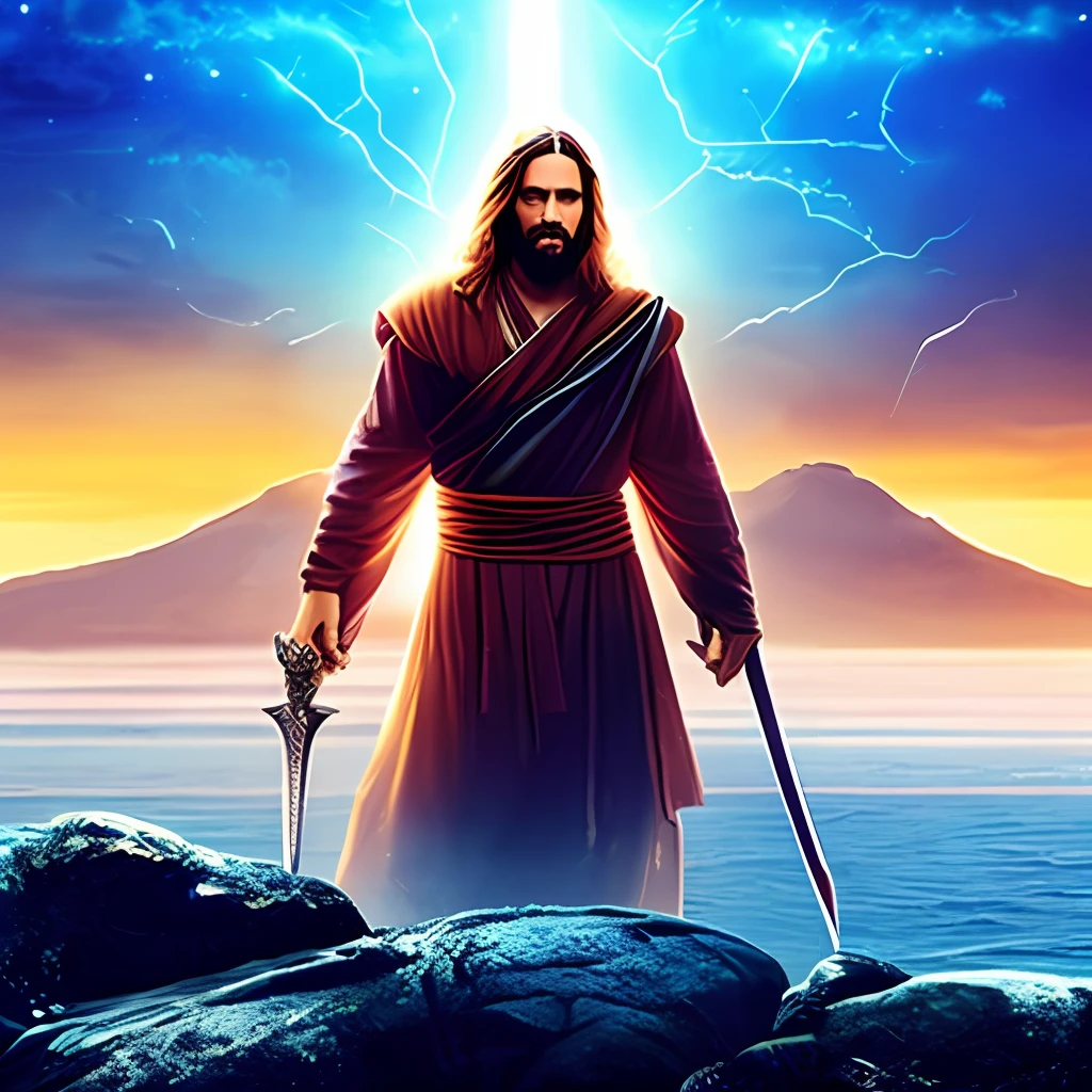 Tonalidades e Atmosfera:
Use intense, impactful tones to evoke a mystical and divine environment. Start with a twilight background of the sky, misturando cores ardentes, como laranja, vermelho e dourado, representando o momento do entardecer antes do conflito final.
Jesus Cristo:
Destaque a figura de Jesus montado em seu cavalo branco, emanando uma aura de luz divina. His expression should be majestic and resolute, com olhos brilhando como chamas ardentes, Reflecting Your Powerful Purpose. O manto manchado de sangue pode ter nuances de vermelho escuro e carmesim, symbolizing his victory over evil.
Celestial Armies:
The angels beside Jesus are to be portrayed with beauty and heavenly grace. Suas vestes brancas devem fluir suavemente, representando sua pureza e santidade. Add subtle details of bluish or silver hues to accentuate your ethereal nature.
O Anticristo e os Inimigos:
Represent the Antichrist and his followers in positions of despair and horror, as they try to confront the incomparable power of Jesus. Their expressions should convey fear and anguish, com cores escuras e sombrias, simbolizando sua maldade e fracasso iminente.
Espada da Palavra:
The sword that comes out of the mouth of Jesus is a powerful representation of God's Word. Highlight this sword, enhancing your brilliance, com raios de luz irrompendo dela, cortando o ar em movimentos de impacto.
War References:
Incorpore elementos de guerra para intensificar o jantar. Adicione escombros de batalha, Ruins and flames around the defeated enemies. Angel wings can suggest movement and accelerated action on the battlefield.
scenecy:
Ambiente a cena em uma paisagem impressionante, with high mountains and dramatic clouds, enfatizando a magnitude do evento sobrenatural que se desenrola.
Detalhes Victoria:
Na parte inferior da imagem, inclua um vislumbre do lago de fogo, where the Antichrist and the false prophet are cast alive, cercados por labaredas intensas, simbolizando seu destino et