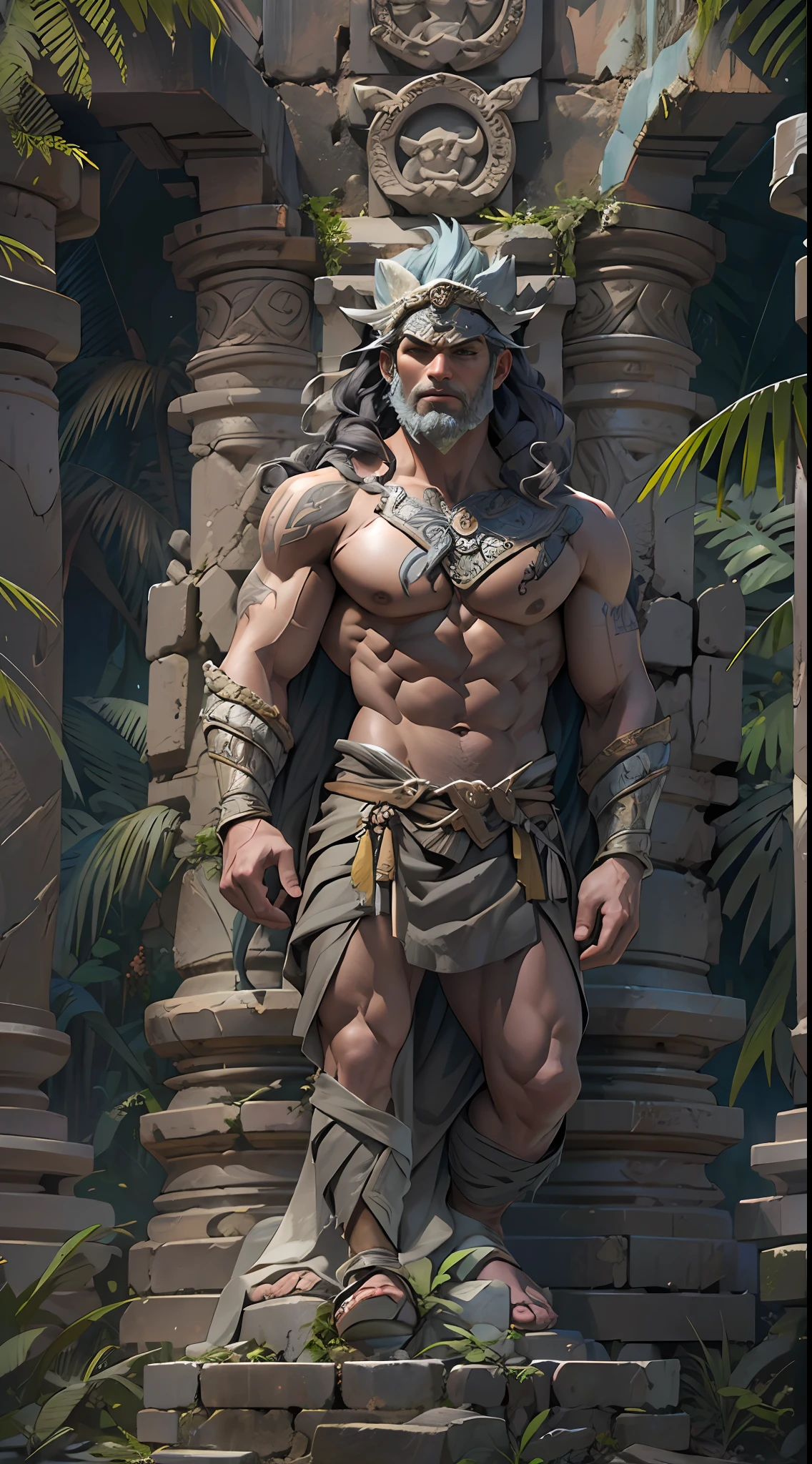Sculpted warrior, exposed upper torso, legs bared from thighs to feet, flowing long curls, intricate muscular details, photorealistic depiction, 4K resolution. Background: Ancient temple ruins in a lush jungle,32k uhd, best quality, masterpiece, super detail, high details