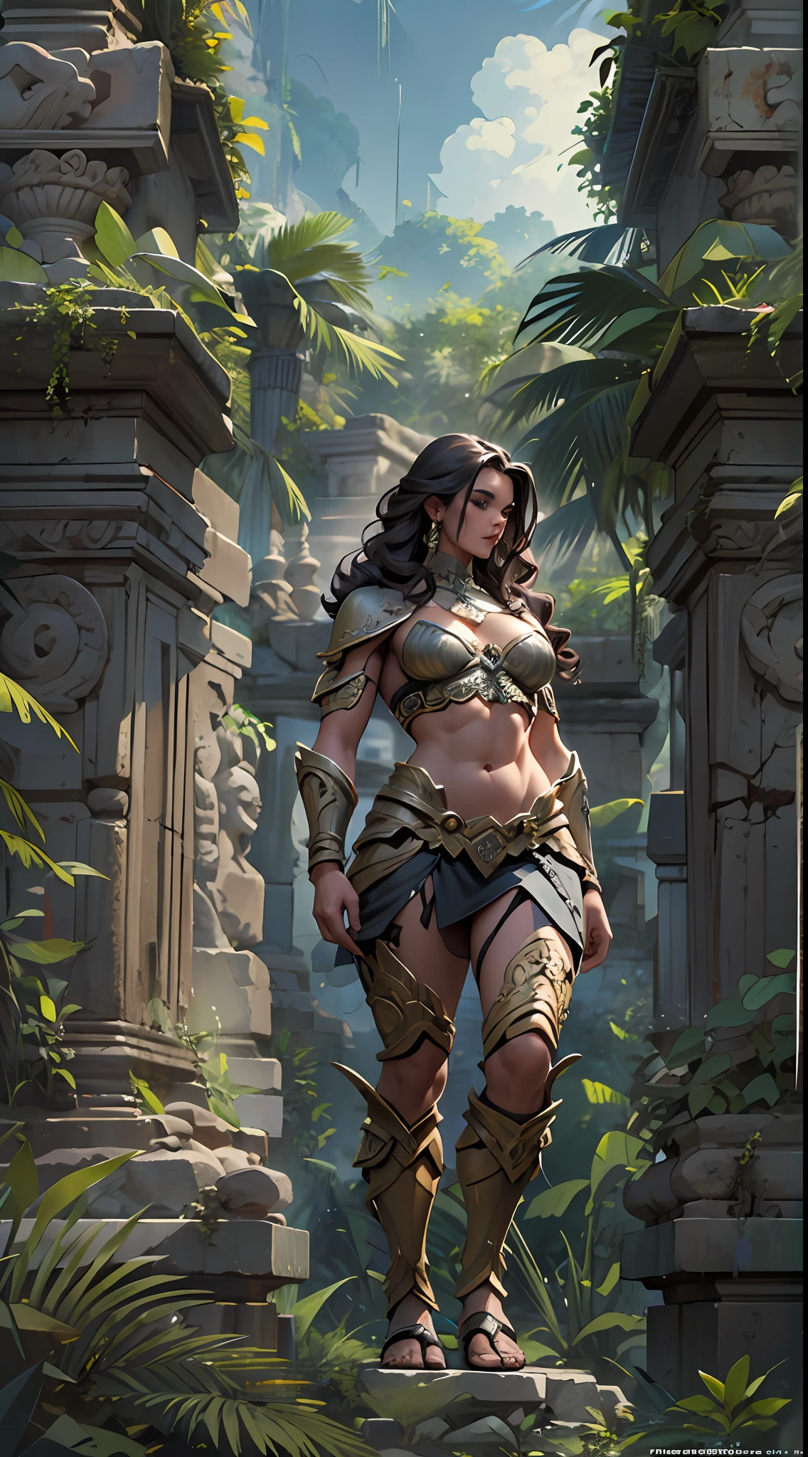 Sculpted warrior, exposed upper torso, legs bared from thighs to feet, flowing long curls, intricate muscular details, photorealistic depiction, 4K resolution. Background: Ancient temple ruins in a lush jungle,32k uhd, best quality, masterpiece, super detail, high details
