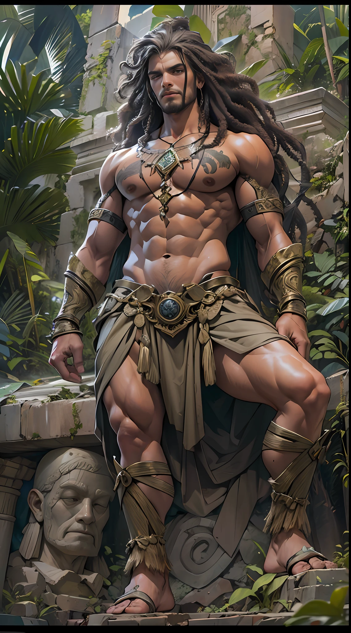 Carved warriors, Bare upper torso, The legs are bare from the thighs to the feet, Long flowing curly hair, Intricate muscle details, Realistic depiction, 4K 分辨率. Background: Ruins of an ancient temple in the lush jungle,32k ULTRAHD, Best quality, Masterpiece, Super detail, High details