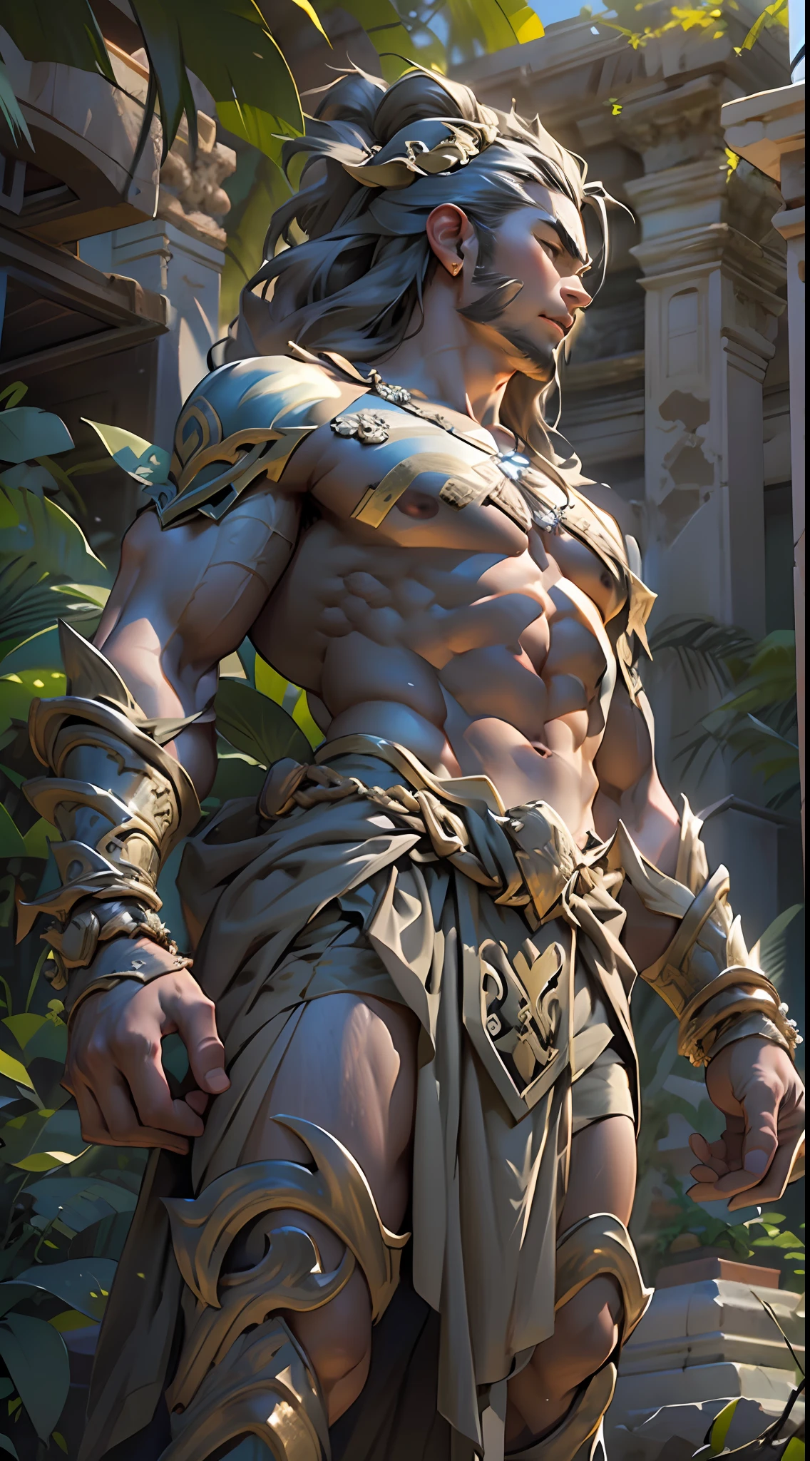 Sculpted warrior, exposed upper torso, legs bared from thighs to feet, flowing long curls, intricate muscular details, photorealistic depiction, 4K resolution. Background: Ancient temple ruins in a lush jungle,32k uhd, best quality, masterpiece, super detail, high details