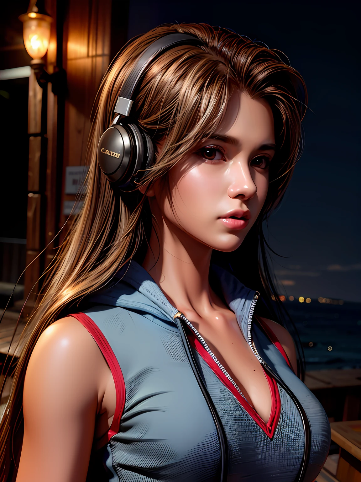 long straight dark brown haired gamer girl leaning into the camera, standing in a seaside apartment, solo:1.2, alone, three-quarter headshot:1.2, lean body, fit body, photo from front above, dark red hoodie:1.2, straight hair, large leather gamer headphones:1.2, skintight black top:1.2, looking at viewer, realistic, 4k, cinematic lighting, perfect, soft lights, intricate details:1.2, high resolution skin:1.2, realistic skin texture, realistic face, perfect anatomy, lean girl, fit girl, sfw:1.2, jumper:1.2, hoodie:1.2, headphones:1.2, denim:1.2