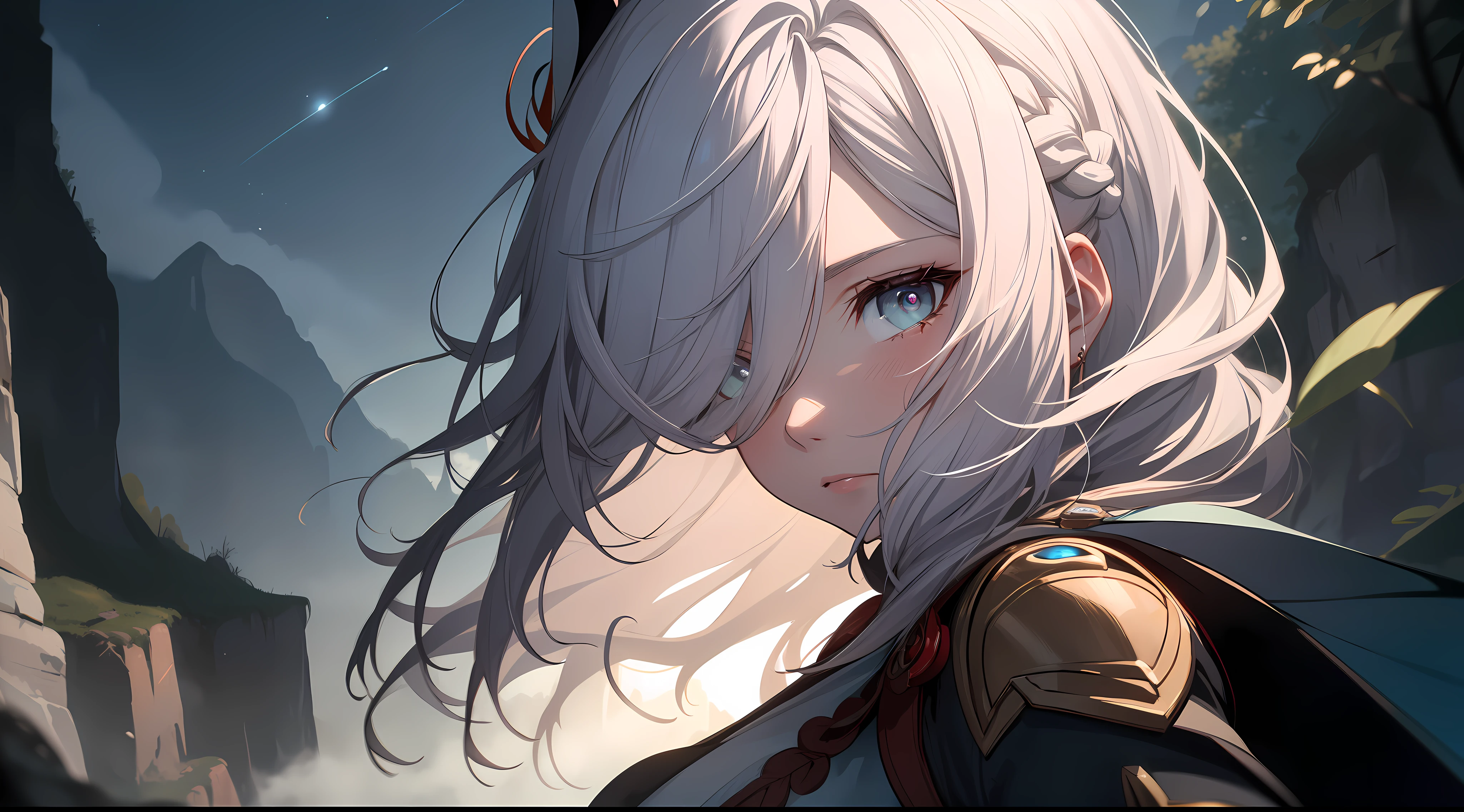 shenhedef, upper body, serious expression, blush, outdoors, night, liyue house background, dark moon sky, short hair, sky, beautiful nature surrounding near canyon, looking at viewer, mountain, moody lighting, (perfect detail eyes:1.2), glowing eyes, (long hair one braid:1.2),
(Masterpiece, Best Quality, High Quality:1.4), professional artwork, Intricate Details, field of view, sharp focus, detailed painting, photorealistic lighting, trending on pixiv, (vivid lighting, vibrant colors:1.05), realistic shadows, ambient occlusion,