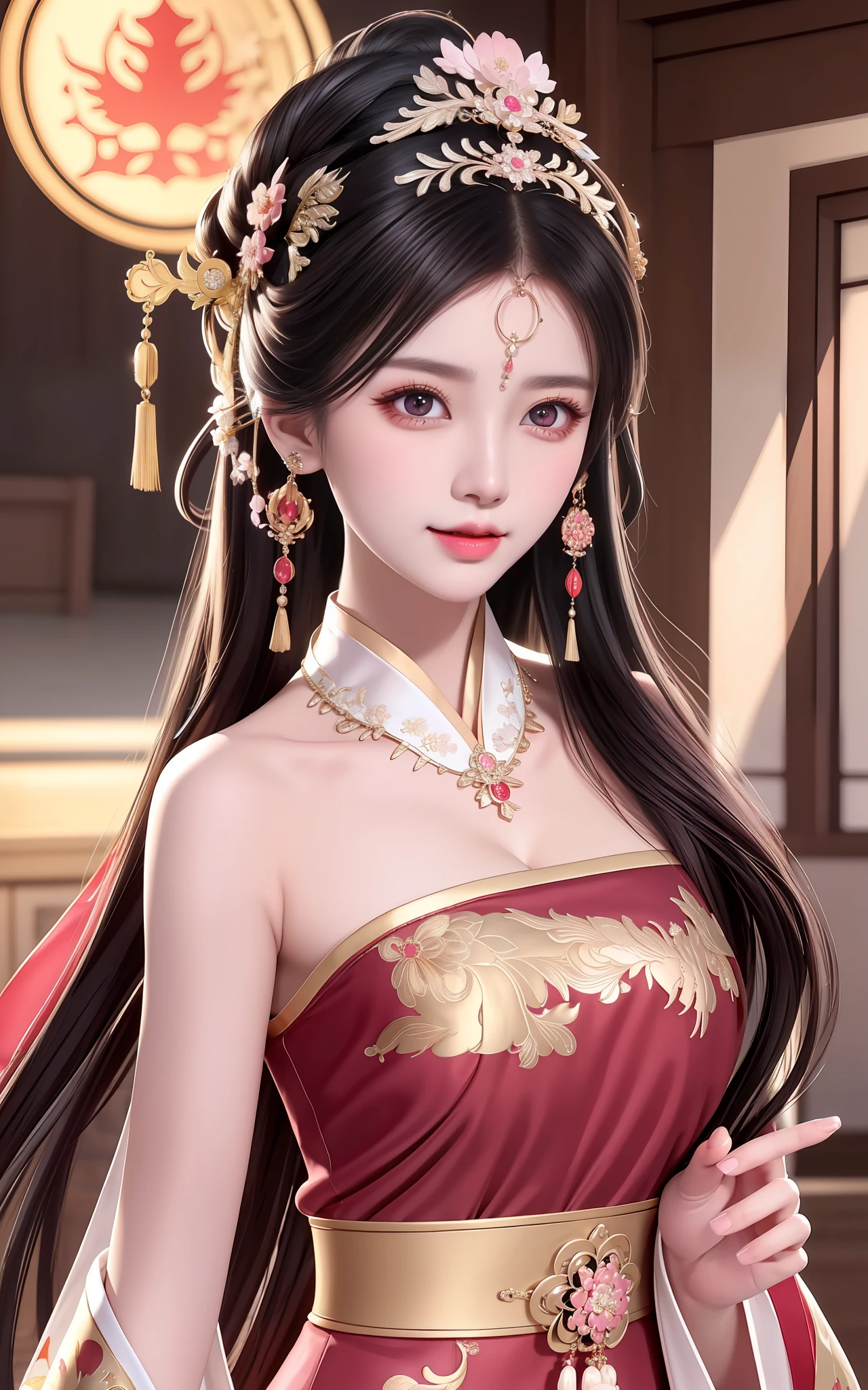 Need,tmasterpiece,A high resolution,1girl,Blushlush,(Seductive smile:0.8),starpupil,Chinese Hanfu,hair adornments,choker necklace,jewelry,beautfully face,on_body,dingdall effect,realisticlying,Shadow Room,light edge,Two-tone lighting，（highdetailskin：1.2），8k uhd，Slr，softlighting，high high quality，Volumetriclighting，sneak shot，photore，A high resolution，4k，8k，The background blurs the ancient style，masterpiece, official art, extremely detailed CG unity 8k wallpaper， absurdres, best quality, highly detailed, 8k resolution, macro lens, cowboy shot, female, bishoujo, goddess, (color contact lenses), (lipstick), nose blush, seductive smile, hair over shoulder,( ta hairband), hair ribbon, bracelet, ring, hoop earrings, drop earrings，high detal，8K分辨率，A masterpiece，highest  quality，filigree，tmasterpiece，Beautiful，Stunning antique beauty，Perfect look，Perfectly refined and clear facial features（Meticulous facial portrayal），the most beautiful big eyes，Beautiful pupils，long eyelasher，Delicate and beautiful makeup，Be red in the face，Moisturize pink lips，(((Gorgeous sleeveless silk embroidered black phoenix robe)))，Black shiny hair coiled（Chinese antique hairstyle design），Beautiful hairpin hair accessories，Beautiful earring necklace，Noble temperament，Slim waist，Slender and long legs，perfect bodies，Sexy and charming，Precise and perfect human anatomy，Facing the viewer，Inside the magnificent palace，Carved fence jade，Works of masters，tmasterpiece，Best quality at best，high high quality，A high resolution，，cinmatic lighting，depth of fields，Close-up。Bust photo