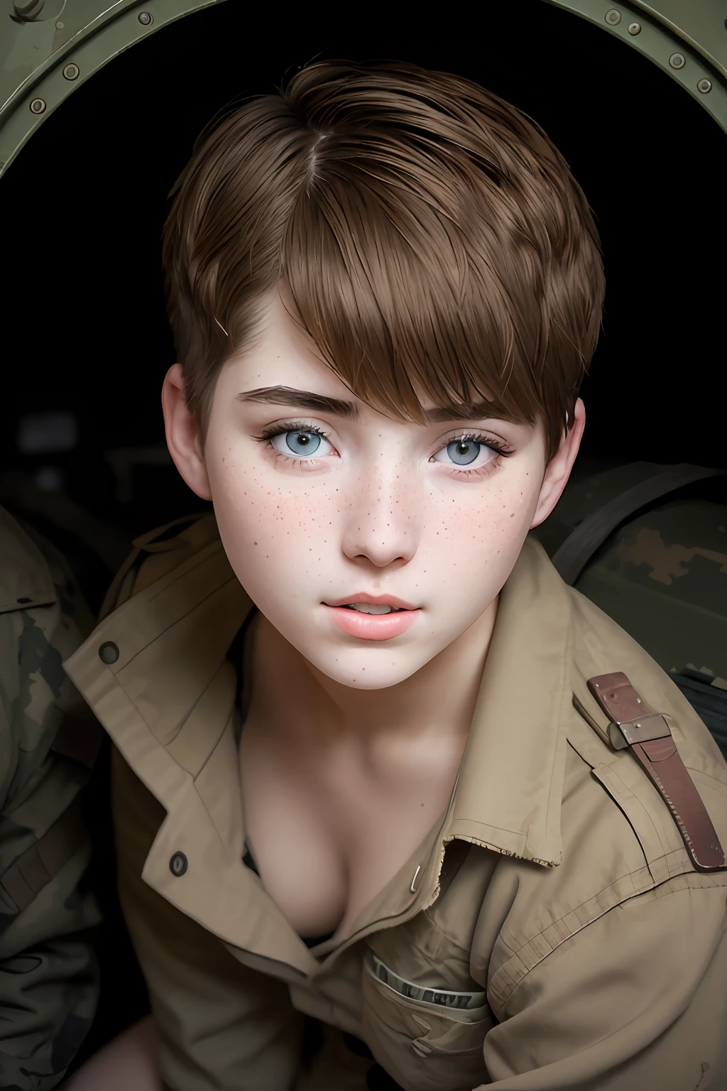 Highest quality, (dramatic lighting:0.7), masterpiece, high angle shot, RAW photo of (pale 21 year old woman with short hair, looking up at the viewer), cute, (wearing Tattered combat fatigues, Disheveled), (sitting inside a tank), portrait, perfect face, alluring eyes, vivid detail, (highly detailed skin), freckles, sfw, (blue tint:0.6), (dirty:0.8), (bloody:0.7), key lighting, (backlighting:0.5), medium depth of field, photographed on a Canon 5D, 50mm lens, F/4 aperture, (hyperdetailed, intricate details), sharp focus, muted colors, 8k, absurdres, 8mm film grain, war photography