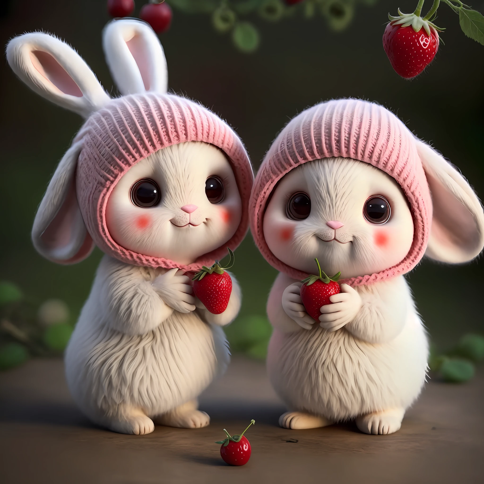: 3. Rabbit, realistic, hairy, clothed animal, apple, dark circles, blush, cherry, food, fruit, full body, hat, non-human, strawberry, tomato, watermelon