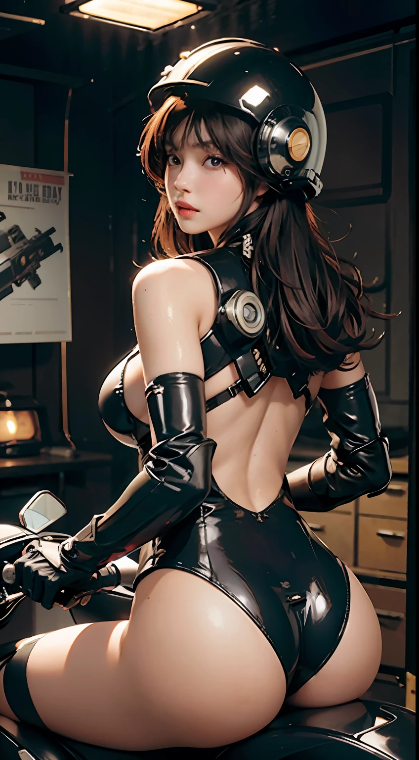 Highest image quality, outstanding details, ultra-high resolution, (realism: 1.4), the best illustration, favor details, highly condensed 1girl, with a delicate and beautiful face,big breast, topless, ,big cleverage, dressed in a black and white mecha, wearing a mecha helmet, underware, back view, holding a directional controller, riding on a motorcycle, the background is a high-tech lighting scene of the future city.