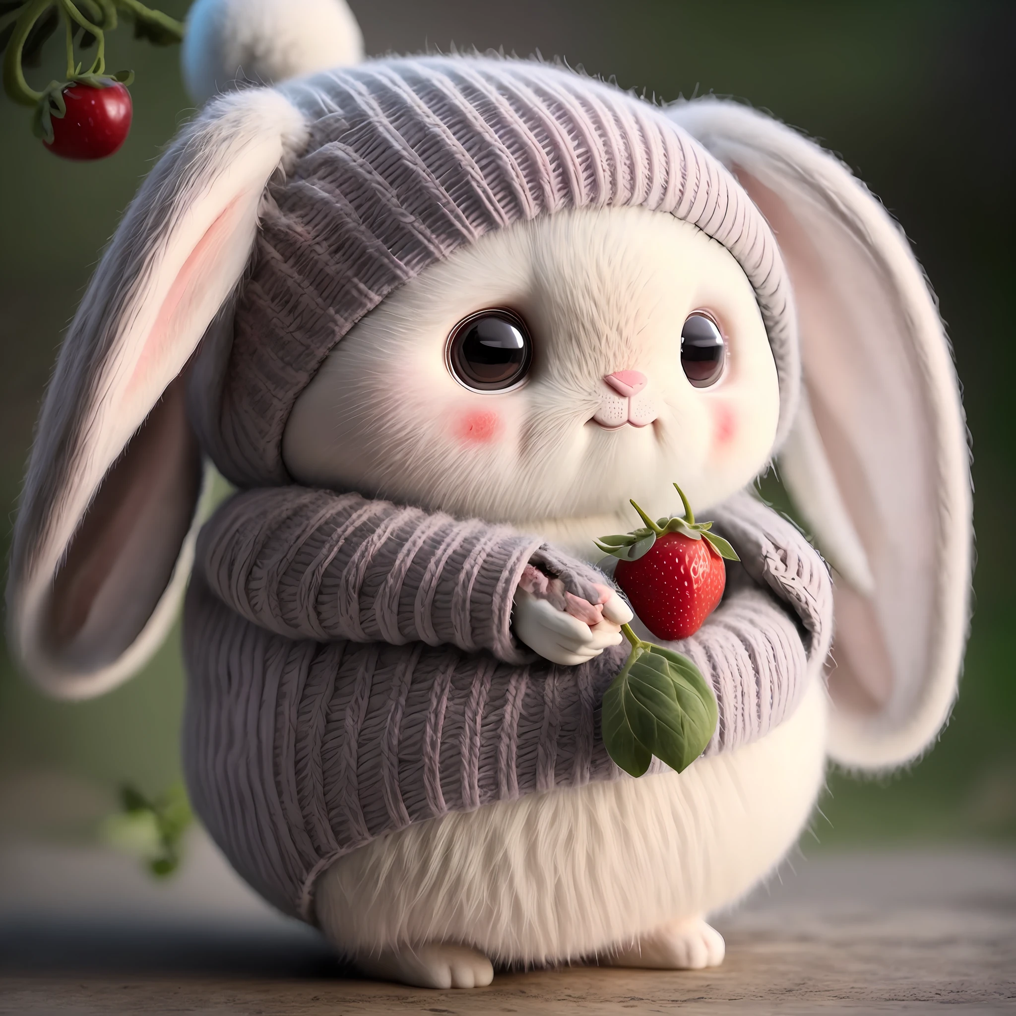 : 3. Rabbit, realistic, hairy, clothed animal, apple, dark circles, blush, cherry, food, fruit, full body, hat, non-human, strawberry, tomato, watermelon