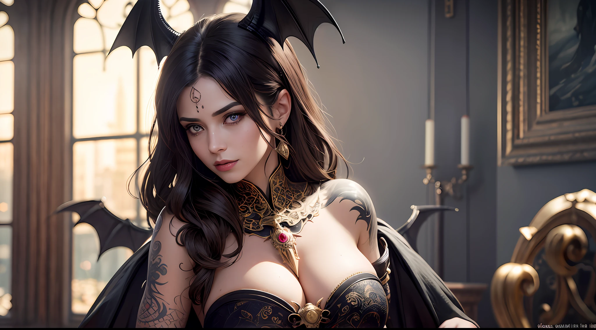 a matural female，brunette color hair，Dragon's horn，Bat wings，Tattooed with，magia，Large breasts，magnificent robe，complex patterns，palaces，(skin indentation:1.5), realisticlying, realisticlying, (Masterpiece:1.5), concept-art, intricately details, highly  detailed, realisticlying, rendering by octane, 8K, unreal-engine, dynamicposes, Best quality at best, A high resolution, (photorealiscic face:1.1), (Hyper-realistic:1.1),  perfect  eyes,(shiny skins:1.2),  Radiant force,  smog, magia, ((Dramatic)), Epic, battlefiled, depth of fields, Background bokeh, 4K,  ashes, Particle，