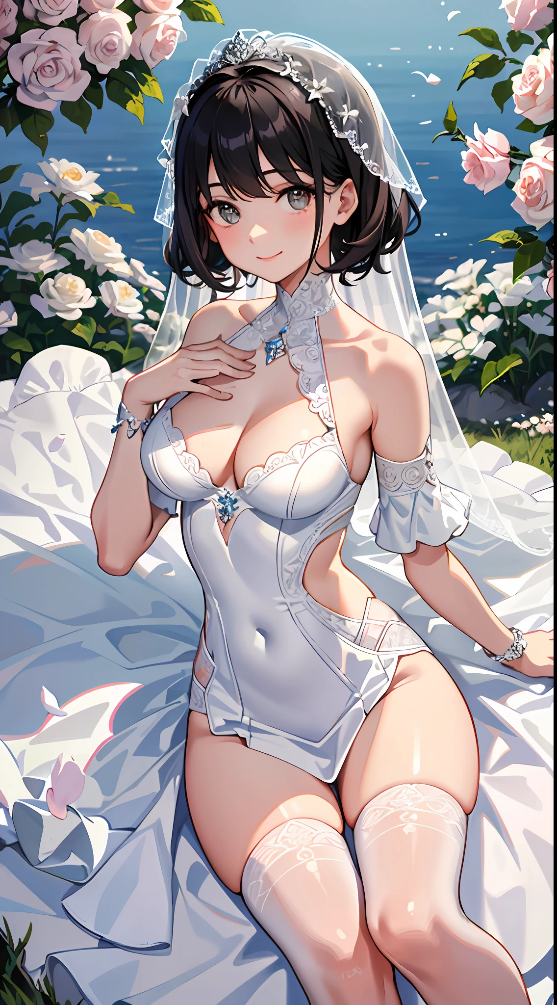 Best quality at best，tmasterpiece，1girll，ars old，white wedding gown，Surrounded by flowers，The upper part of the body，closeup cleavage，with short black hair，(little breast)，grassy fields，big breasts beautiful，looking at viewert，ssmile，white stockings，particle fx，Off-the-shoulder attire，black big eyes