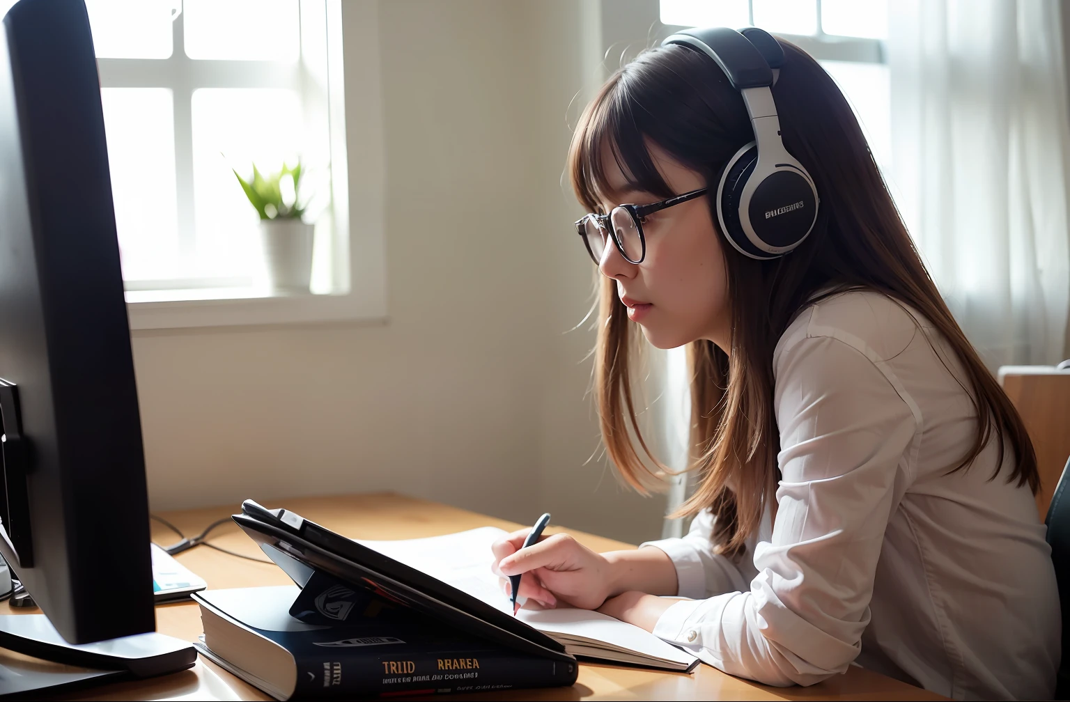 A female student wearing glasses is sitting at her desk, listening to music, opening a book and taking notes at small room, in front of computer, night time, raning outside, cat stay at the window, coffee, night time, dark outside, natural light, best quality, beautiful girl,