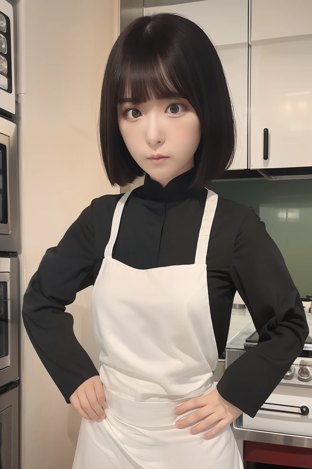1girl, hinata hyuga, long black dress, white cook clothes, short hair, angry, white eye, realistic, ultra detail. 70mm lens.