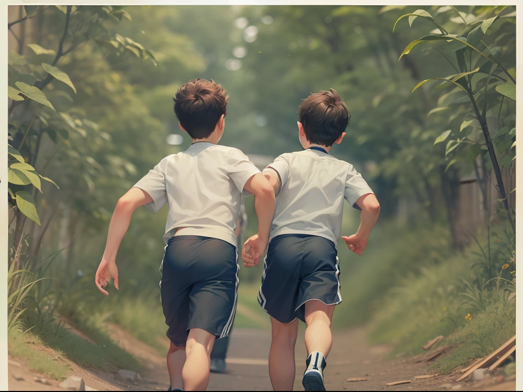 The backs of two boys running