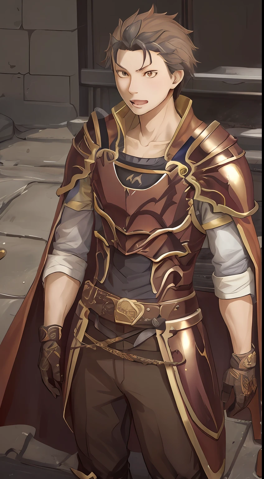 （1 Adult male），A high resolution， Sharp focus， Pixiv masterpiece， （（Complicated details））， highly  detailed， natsuki_subaru， 1 man， with her mouth open，drools，full bodyesbian， Golden eyes（eyes glowing）， with short golden hair，Armour，cloaks，Shoulder armor，perspire，look from down