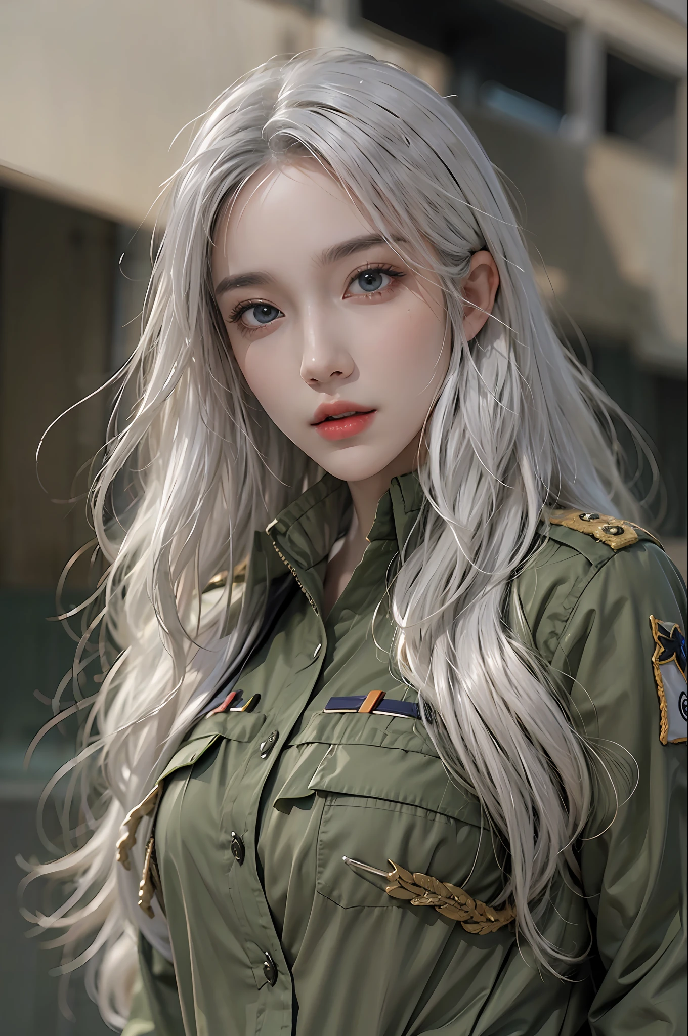 photorealistic, high resolution, 1 women, solo, hips_up, hips up, beautiful eyes, look at viewer, detailed face, white hair, military uniform