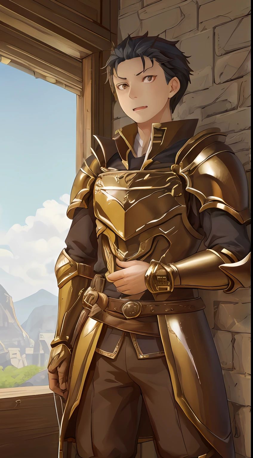 （1 Adult male），A high resolution， Sharp focus， Pixiv masterpiece， （（Complicated details））， highly  detailed， natsuki_subaru， 1 man， with her mouth open，drools，full bodyesbian， Golden eyes（eyes glowing）， with short golden hair，Armour，cloaks，Shoulder armor，perspire，look from down