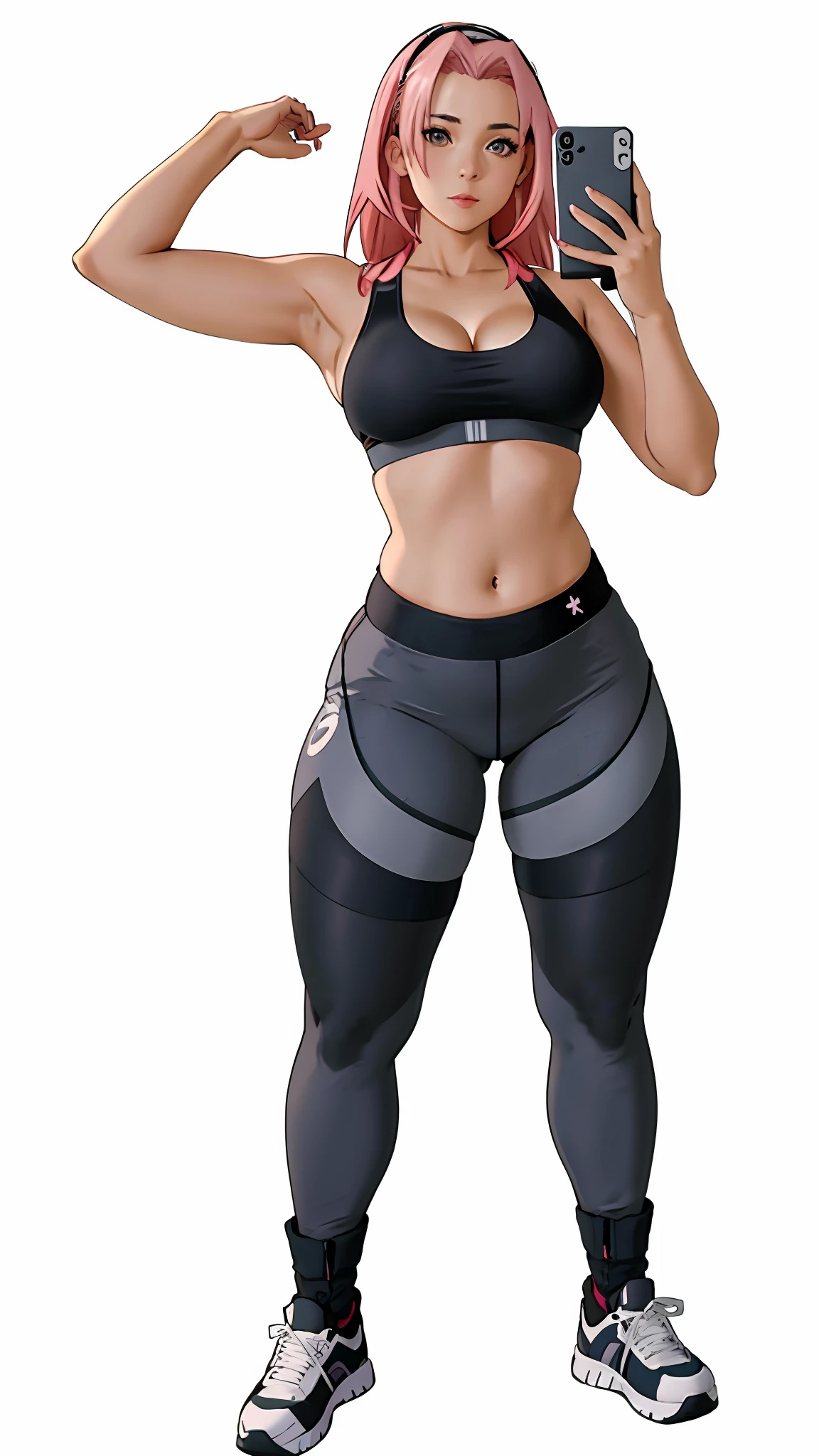 sakura haruno, A woman in a black sports bra top and gray leggings taking a selfie, fit curvy physique, Photo adjustment, standing athletic pose, corpo inteiro feminino, imagem de corpo inteiro, corpo inteiro feminino, dramatic standing pose, thicc, parte superior completa do corpo, fotos de corpo inteiro, Pose de corpo inteiro, zoomed out full body, recorte de meio corpo, menina em forma, Pose forte