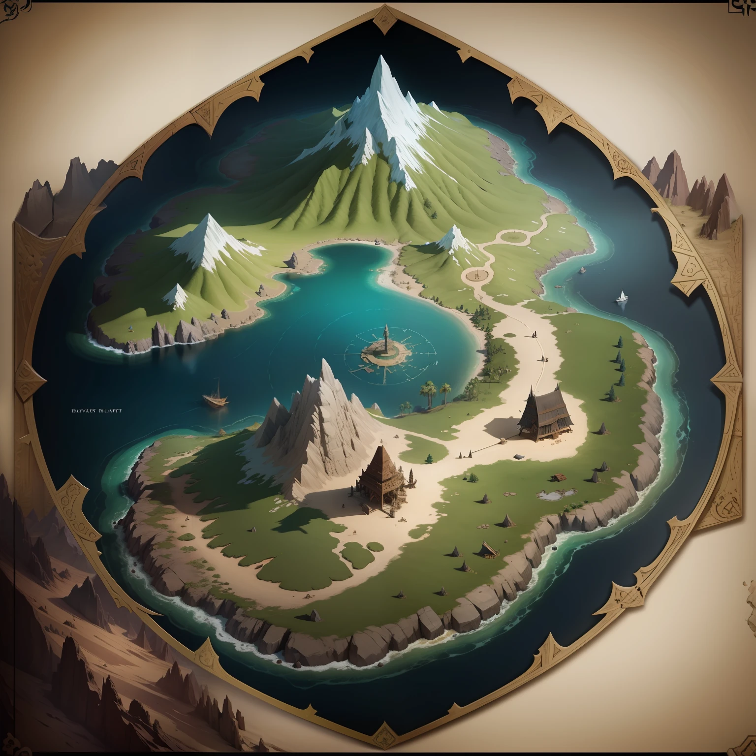Pirate Island map,ancient map, ancient fantasy regional map, battle map prop, mythological map, Pirate treasure map, Game map, Fantasy map, game map matte painting, cartoony,low polygon,low polygon,ln the forest,A desert,snowfield