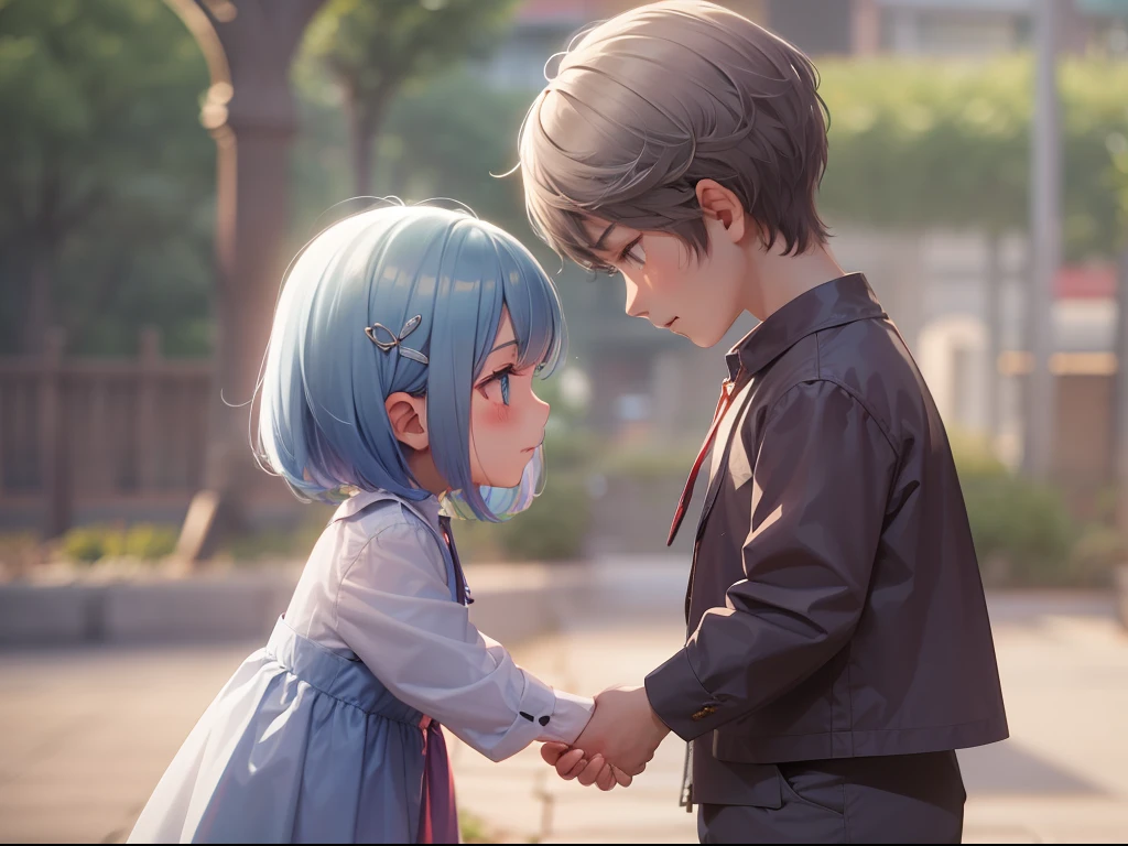 Generate a photo,Best quality, tmasterpiece, An older brother holds a younger sister's hand, This older brother comes face to face with this sister, This brother has short blue hair, Tall and handsome, Caress my sister's head and care for her, This sister has short white hair，Small stature