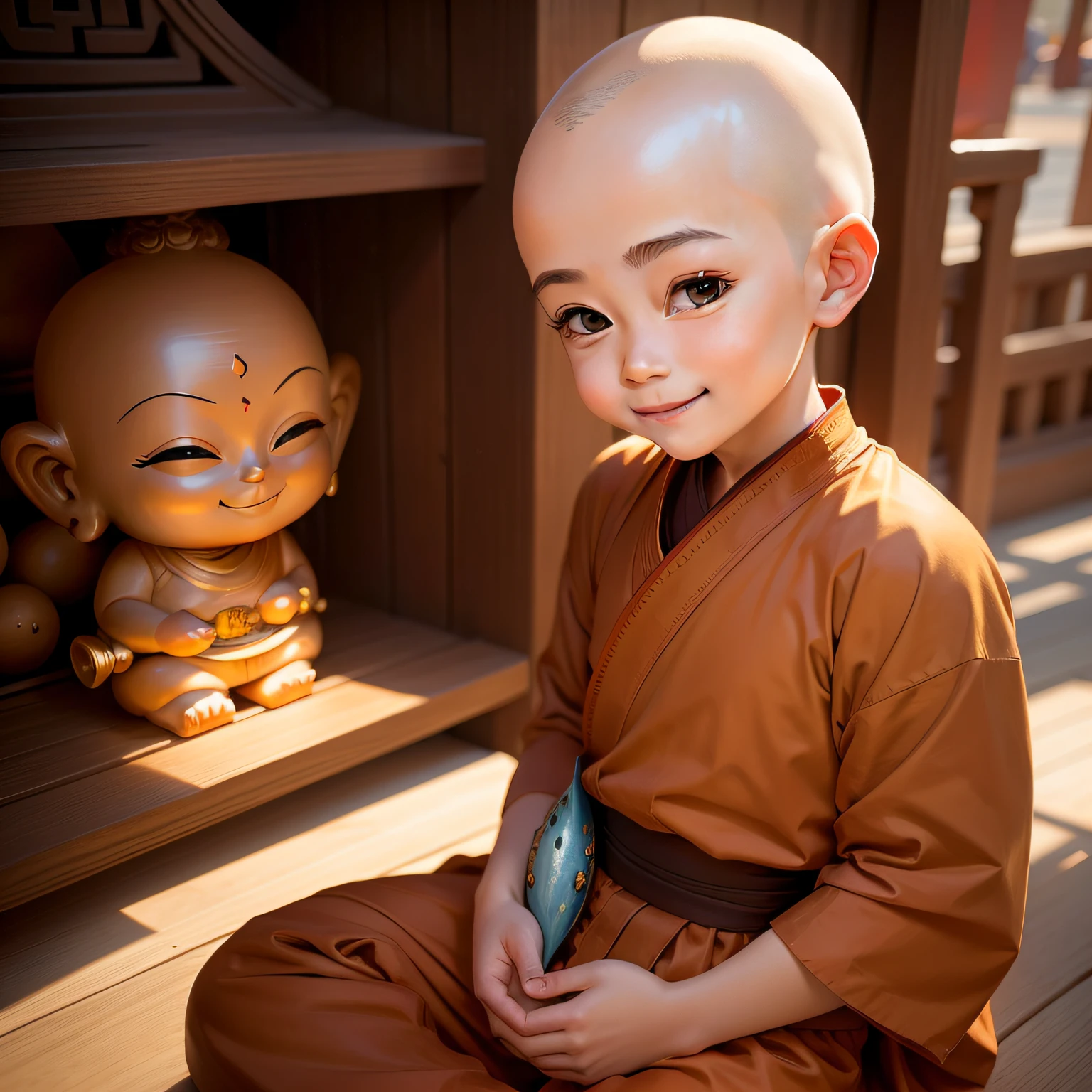 With a smile，Eyebrow beauty，Little monk without hair，Buddha statue sitting in front of the temple knocking wooden fish