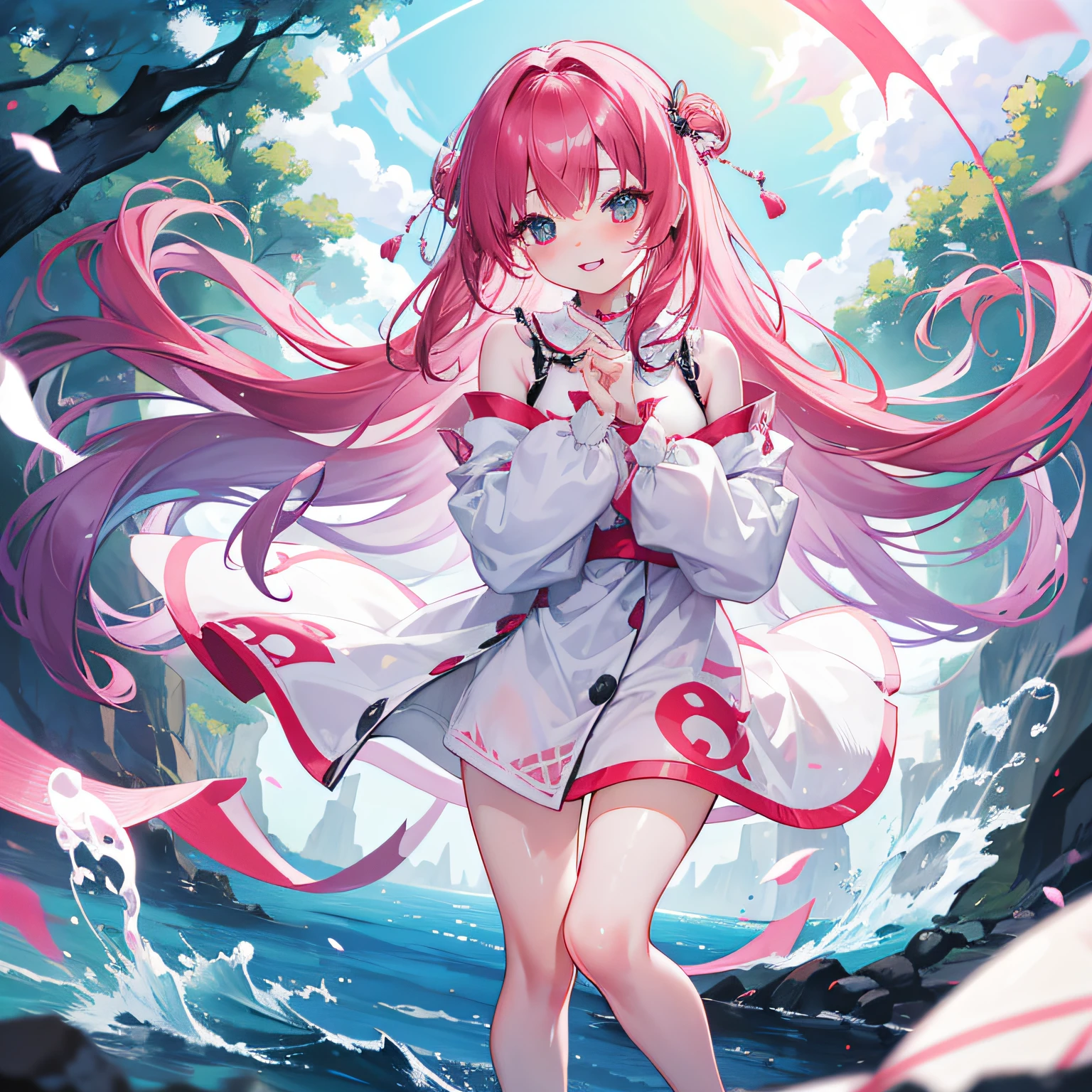 Beautie、Oversized clothing、B-style fashion、red blush、Plump lips、hanikami、adult lady、Bust large、The long-haired、Shy laughter、disheveled hair、huge smile、Harmony of light and shadow、masterpiece、top-quality、Detail Enhancement、Beautiful eyes、Clear skin、Clear eyes、most beautiful image in the world、8K分辨率、Stunning inspiration、a park、Sunnyday、Full body posture、perspiring、Embarrassed、Crisp five-finger、