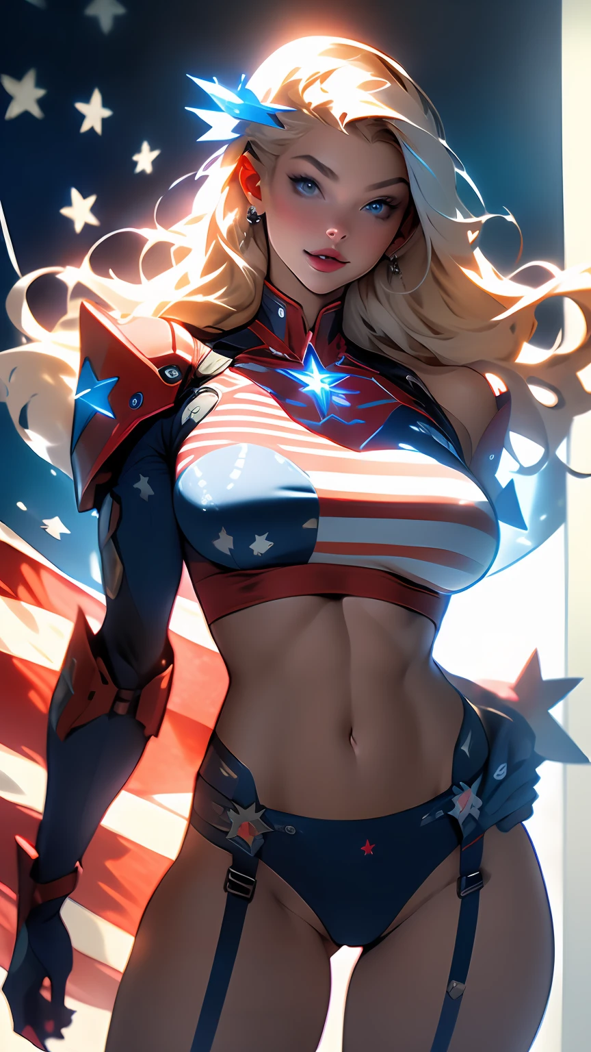 ((Best quality)), ((masterpiece)), (detailed: 1.4), Absurd, Captain America, Caucasian woman soldier ready for war, muscular body defined, half-thick thighs bare, mouth closed, only panties, muscular body parts covered by technological clothing, (((large breasts)) perfect, generous neckline, ((dark blue, red and white clothing)), USA, pastel, long blonde straight hair, short underwear, garter belt, by mucha, niji --V5, close to real, best quality, almost naked, psychopath, crazy face, sexy pose, 2 pieces outfit, star and lightning drawings on the arms, cyberpunk, dark blue bra with 5-pointed stars covering the breasts, red and white stripes on the arms, pointed shoulder pads, blue eyes without pupils, HDR (High Dynamic Range),Ray Tracing, NVIDIA RTX,Super-Resolution,Unreal 5,Subsurface Dispersion, PBR Texture, Post-processing, Anisotropic filtering, Depth of field, Maximum clarity and sharpness, Multilayer textures, Albedo and specular maps, Surface shading, Accurate simulation of light-material interaction, Perfect proportions, Octane Render, Two-tone lighting, Wide aperture, Low ISO, White balance, Rule of thirds, 8K