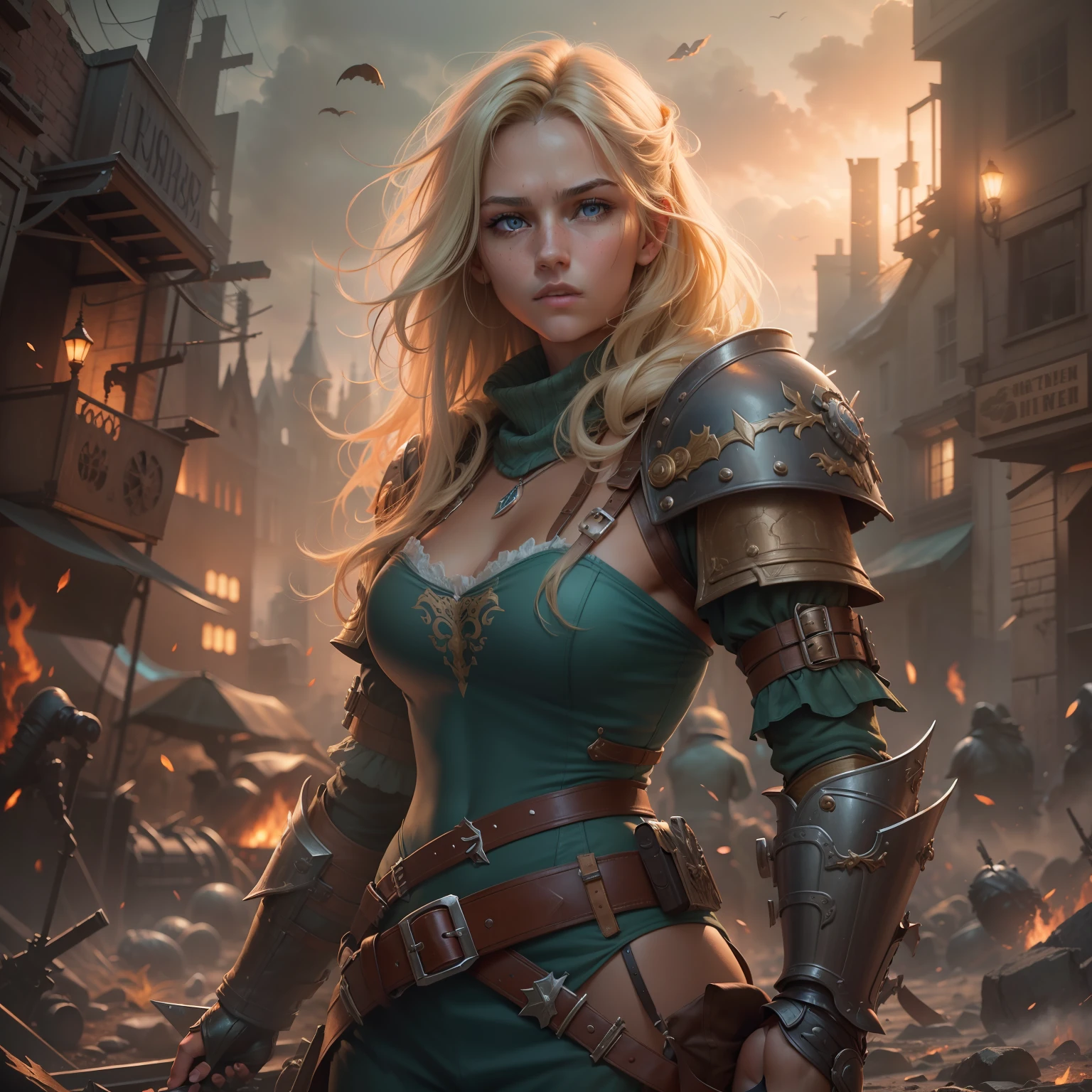 a European girls, solo, Blonde, tanned skin, cold-looking blue eyes, thin face, ripped body, wearing leather armor, leather legging, highnoon boots, carry a sword by waist and 2 pistol behind waist, steampunk battle city background, monster in a battlefield of blood and fire. As he fought, the bodies of his enemies piled up around her, but he remained untouched, his figure growing larger and more majestic with each passing moment. Finally, after defeating the entire army alone, the general stood victorious, his sword still raised high. His bravery and triumph filled the battlefield with a sense of solemn grandeur. hdr, (photorealism, masterpiece quality, best quality). fantasy knight, realistic shadows, high quality, ultra detailed in 4k, 8k, high resolution, sharp focus, depth of field, faded, (neutral colors:1.2), (hdr:1.4), (muted colors:1.2), hyperdetailed, (artstation:1.4), cinematic, warm lights, dramatic light, (intricate details:1.1), complex background, (rutkowski:0.66), (teal and orange:0.4)",
