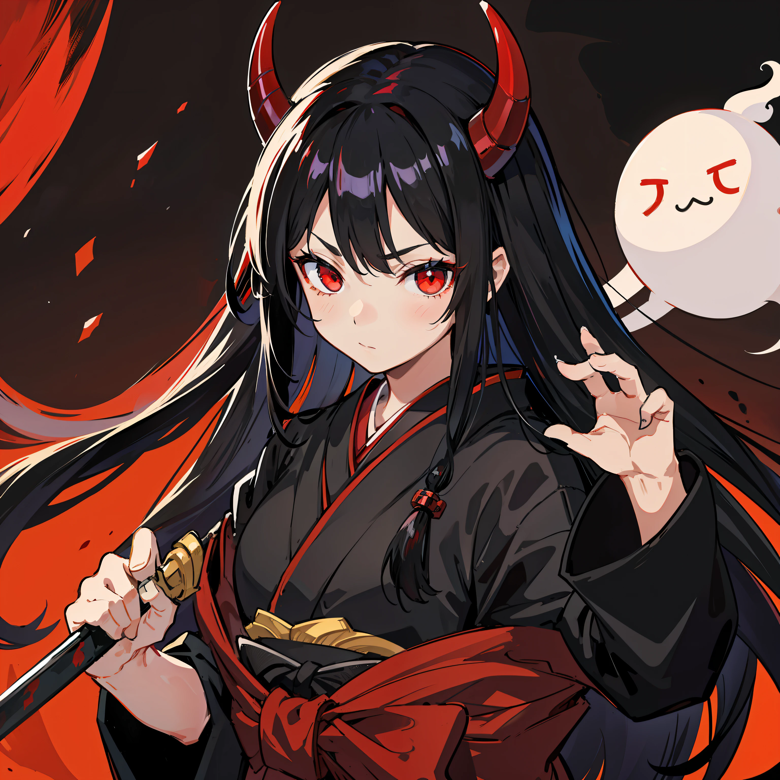 Black hair bundles，Red eyes，Otherworldly ghosts，The forehead has small red horns，Outfit in black，Holding a Japanese-style sword，Need，Ultra HD painting。