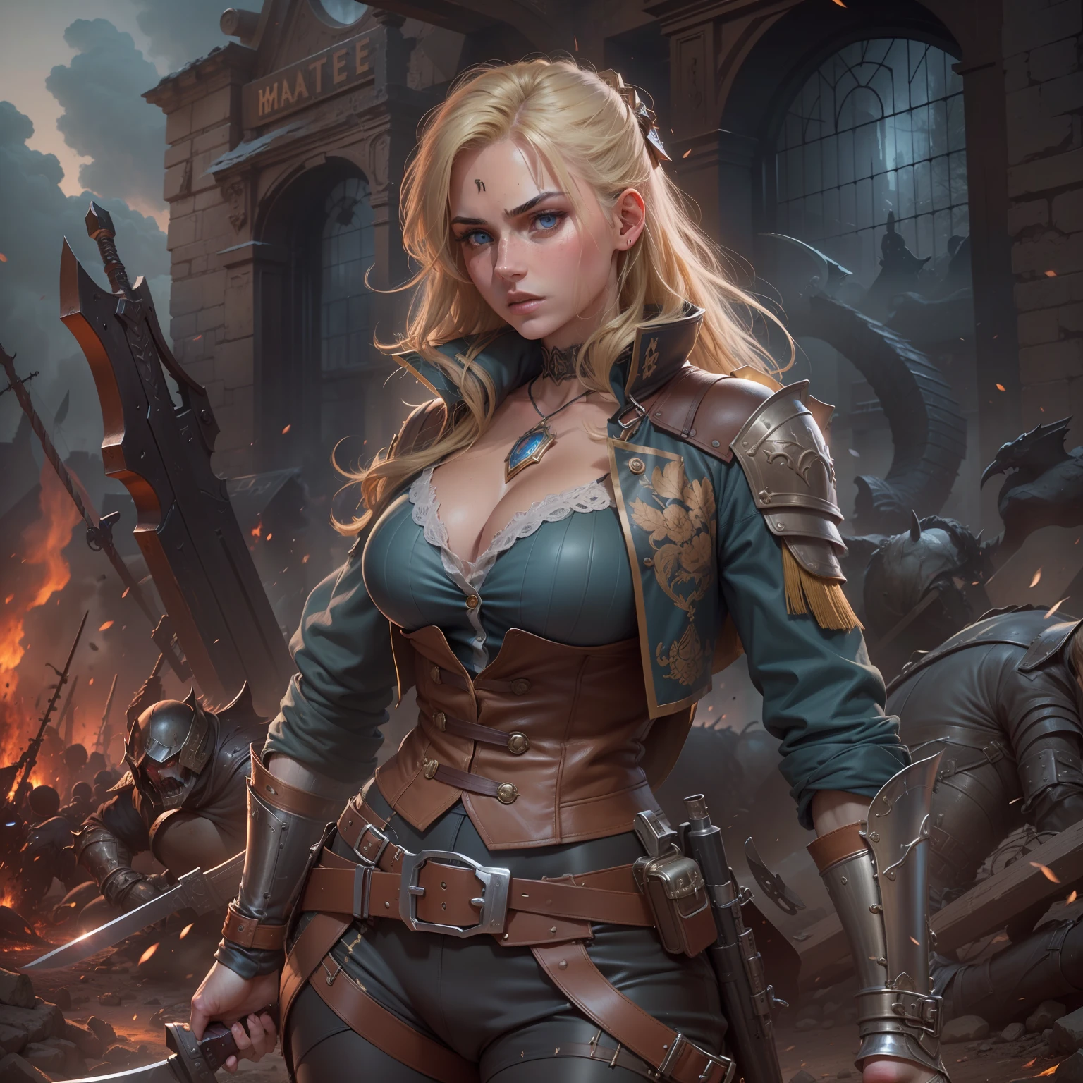 a European girls, solo, Blonde, tanned skin, cold-looking blue eyes, thin face, ripped body, wearing leather armor, leather legging, highnoon boots, carry a sword by waist and 2 pistol behind waist, steampunk battle city background, monster in a battlefield of blood and fire. As he fought, the bodies of his enemies piled up around her, but he remained untouched, his figure growing larger and more majestic with each passing moment. Finally, after defeating the entire army alone, the general stood victorious, his sword still raised high. His bravery and triumph filled the battlefield with a sense of solemn grandeur. hdr, (photorealism, masterpiece quality, best quality). fantasy knight, realistic shadows, high quality, ultra detailed in 4k, 8k, high resolution, sharp focus, depth of field, faded, (neutral colors:1.2), (hdr:1.4), (muted colors:1.2), hyperdetailed, (artstation:1.4), cinematic, warm lights, dramatic light, (intricate details:1.1), complex background, (rutkowski:0.66), (teal and orange:0.4)",