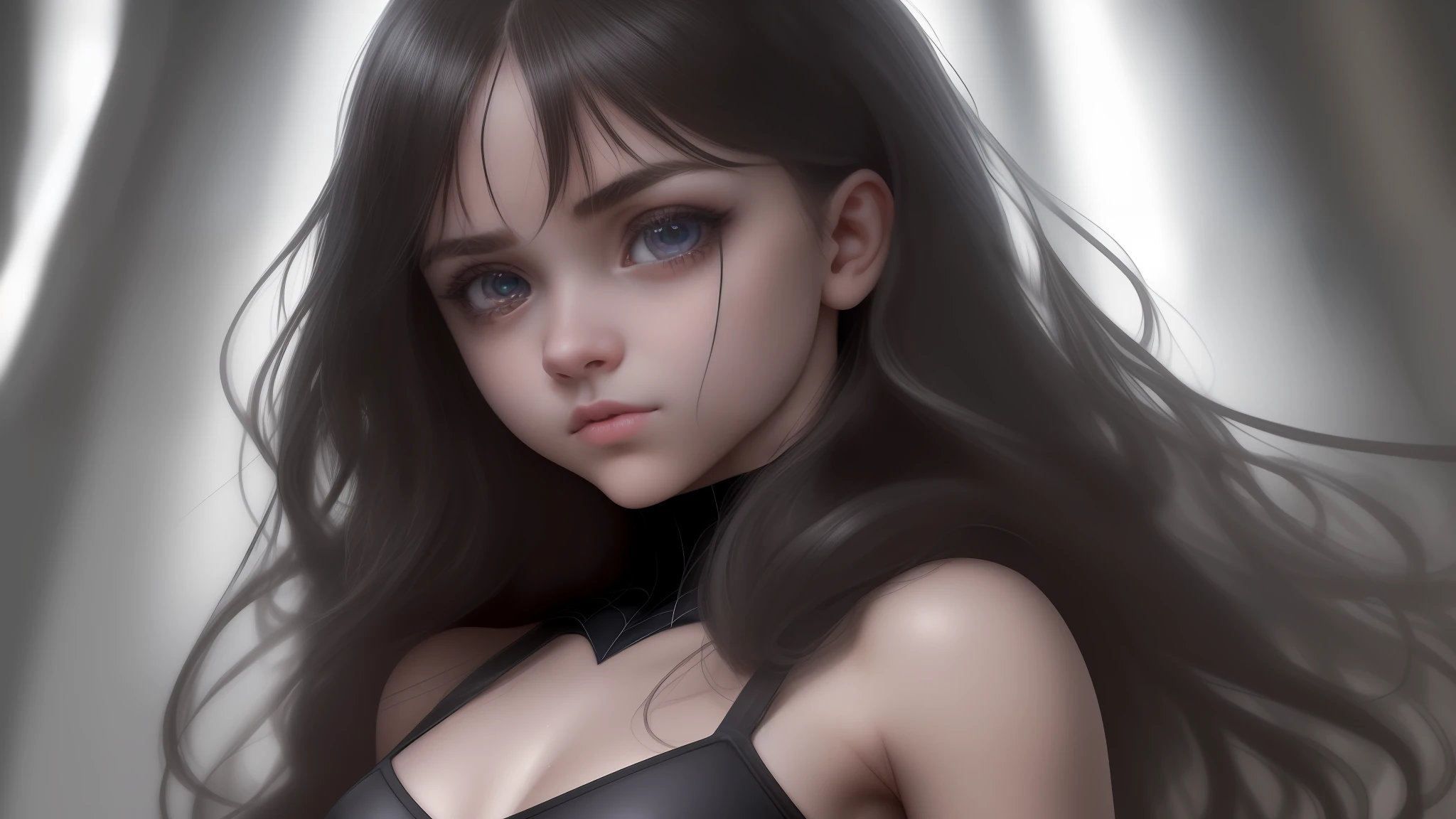 Russian girl, cabello amarillo, largo, sedoso, brillante, ropa de spiderman, ultra pegada al cuerpo, moldeando su esbelto cuerpo, Angelic face of 15-year-old girl, mirada inocente, vista de frente, con dedo en su boca, ojos amarillos claros y penetrantes, sensual facial expression, Moist body, fondo abstracto, la mejor calidad posible, hiperrealista, 8k hdr, cinematography lighting.