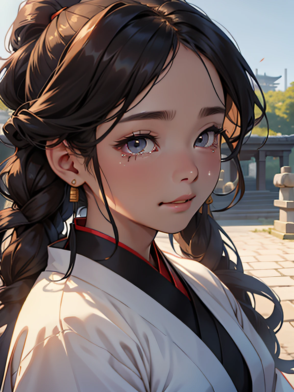 A woman who is,streaming tears,Long hair,curlies,Wear ancient Hanfu,Close-up view of the face,outside,Sunnyday,