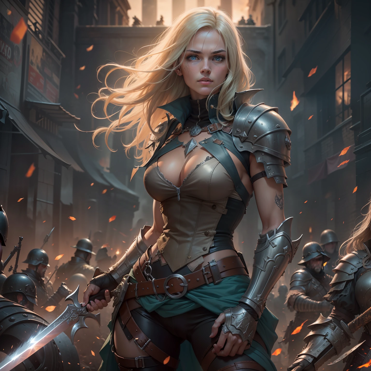 a European girls, solo, Blonde, tanned skin, cold-looking blue eyes, thin face, ripped body, wearing leather armor, leather legging, highnoon boots, carry a sword by waist and 2 pistol behind waist, steampunk battle city background, monster in a battlefield of blood and fire. As he fought, the bodies of his enemies piled up around her, but he remained untouched, his figure growing larger and more majestic with each passing moment. Finally, after defeating the entire army alone, the general stood victorious, his sword still raised high. His bravery and triumph filled the battlefield with a sense of solemn grandeur. hdr, (photorealism, masterpiece quality, best quality). fantasy knight, realistic shadows, high quality, ultra detailed in 4k, 8k, high resolution, sharp focus, depth of field, faded, (neutral colors:1.2), (hdr:1.4), (muted colors:1.2), hyperdetailed, (artstation:1.4), cinematic, warm lights, dramatic light, (intricate details:1.1), complex background, (rutkowski:0.66), (teal and orange:0.4)",