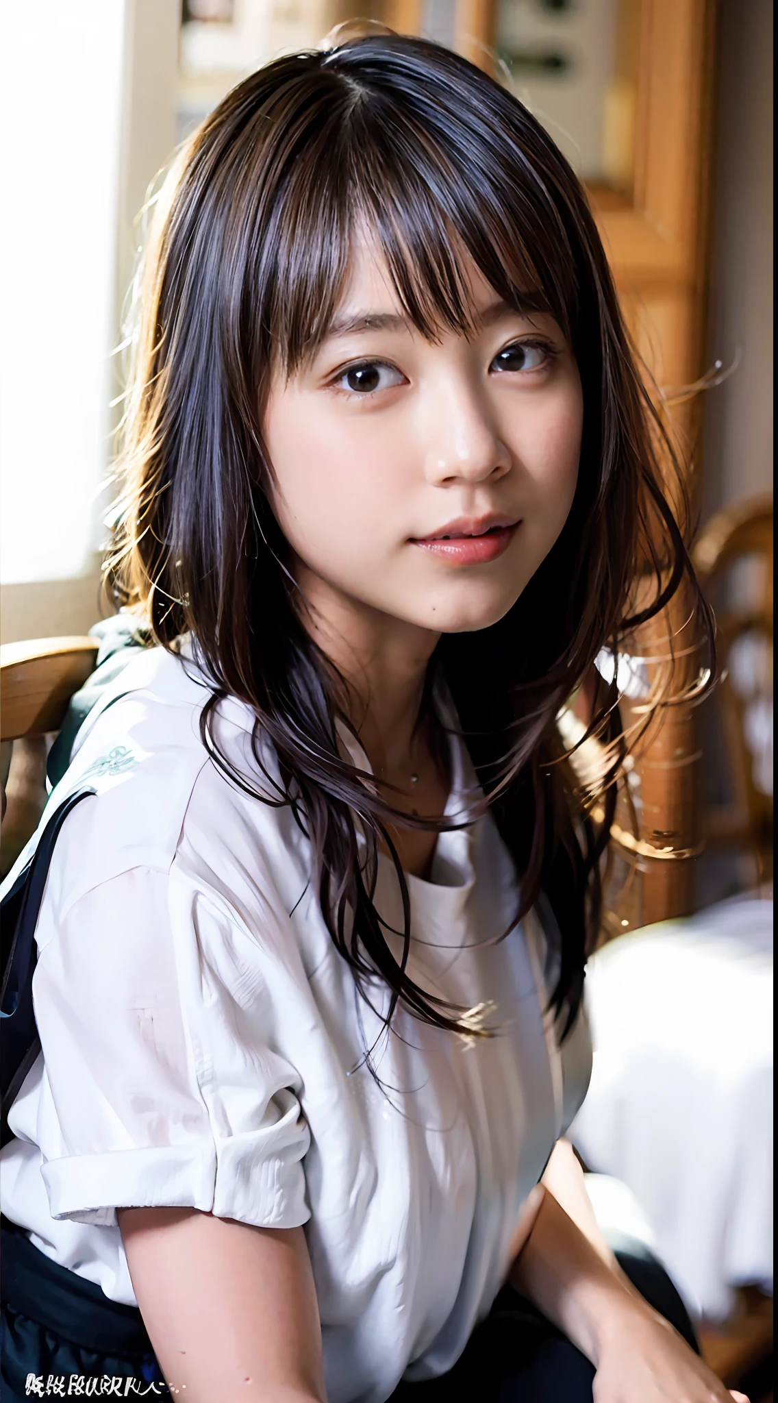 (8K, RAW photo, Best quality, Masterpiece:1.2), (Photorealistic:1.6), (Masterpiece),(Best quality:1.0), (超高分辨率:1.0), Detailed, 40yo girl , Solo , detailed beautiful skin, Detailed room, ,Realistic skin , Medium breasts, Best quality, 超高分辨率, Cute, Long hair , Smile, , White shirt, , sitting on bed, 比基尼