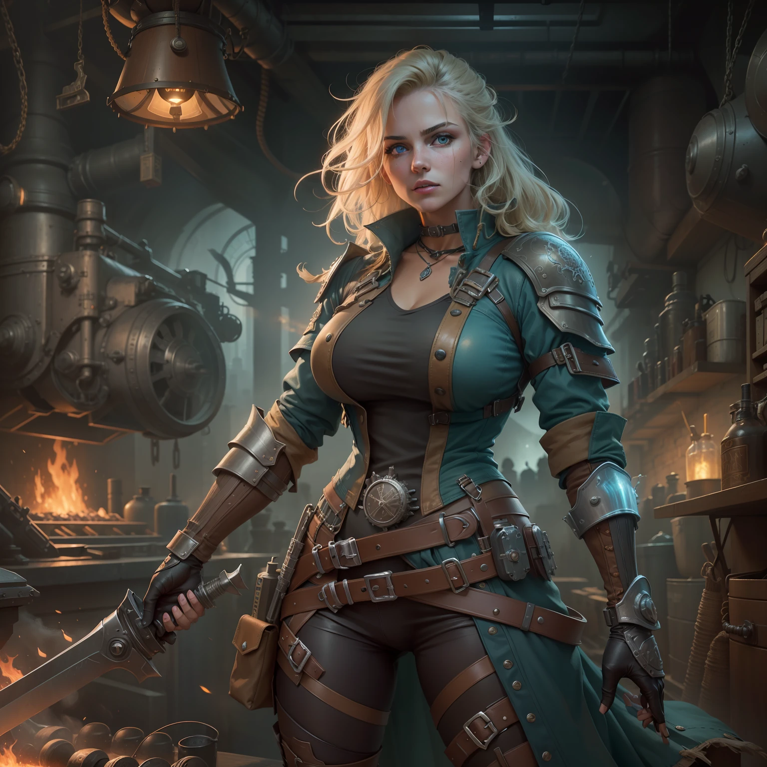 a European girls, solo, Blonde, tanned skin, cold-looking blue eyes, thin face, ripped body, wearing leather armor, leather legging, highnoon boots, carry a sword by waist and 2 pistol behind waist, medival, fantasy knight, realistic shadows, high quality, ultra detailed in 4k, 8k, high resolution,  sharp focus, depth of field, faded, (neutral colors:1.2), (hdr:1.4), (muted colors:1.2), hyperdetailed, (artstation:1.4), cinematic, warm lights, dramatic light, (intricate details:1.1), complex background, (rutkowski:0.66), (teal and orange:0.4)", detailed background, (steampunk theme:1.1) determined expression, technomancer dark couds, floating lights, colorful leather vest with gears, techwear, jetpack, workshop in the background, machines, gears, steam, industry, technology, oven, dirt, anvil, buttons, levers, automaton, electricity, electric sparks epic atmosphere.