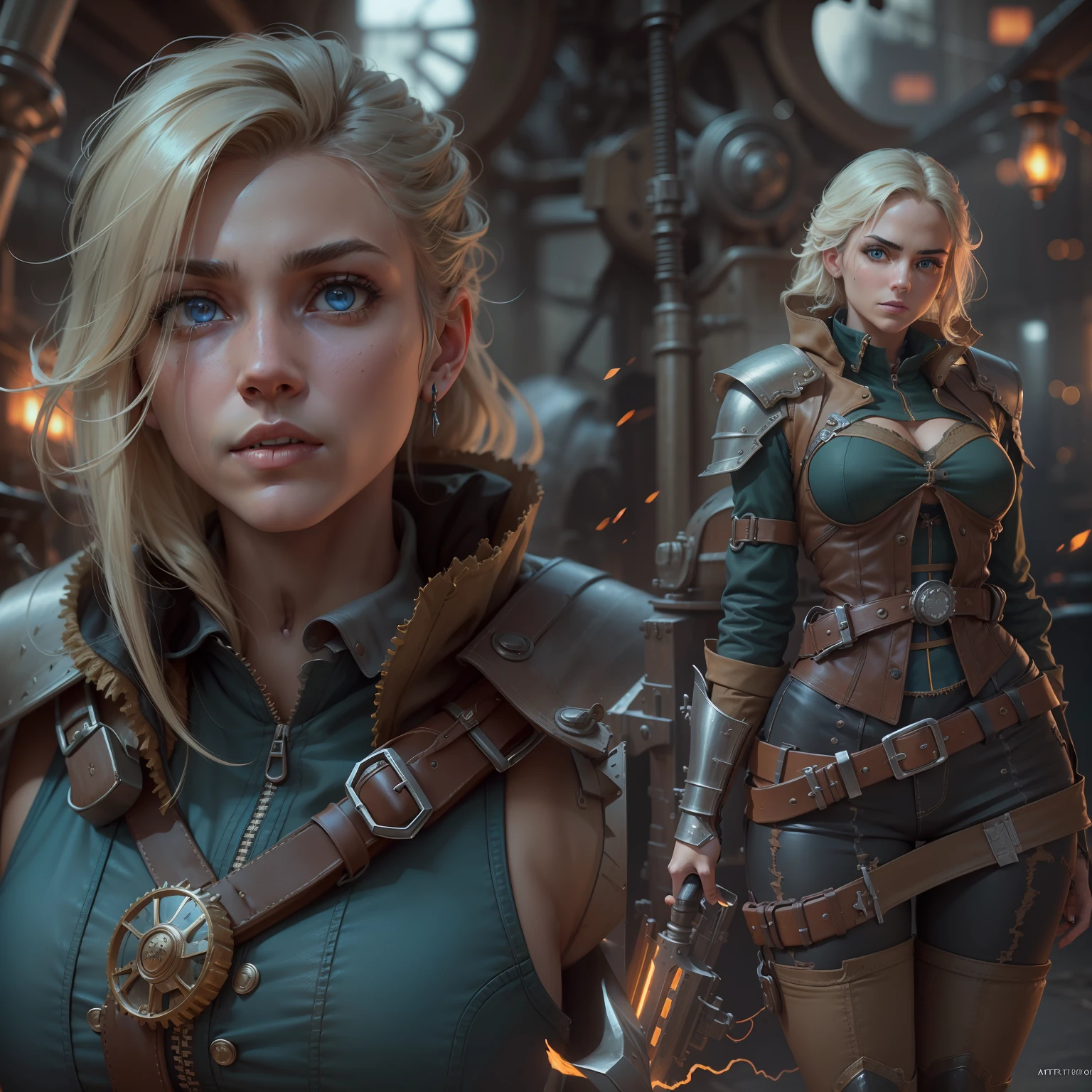 a European girls, solo, Blonde, tanned skin, cold-looking blue eyes, thin face, ripped body, wearing leather armor, leather legging, highnoon boots, carry a sword by waist and 2 pistol behind waist, medival, fantasy knight, realistic shadows, high quality, ultra detailed in 4k, 8k, high resolution,  sharp focus, depth of field, faded, (neutral colors:1.2), (hdr:1.4), (muted colors:1.2), hyperdetailed, (artstation:1.4), cinematic, warm lights, dramatic light, (intricate details:1.1), complex background, (rutkowski:0.66), (teal and orange:0.4)", detailed background, (steampunk theme:1.1) determined expression, technomancer dark couds, floating lights, colorful leather vest with gears, techwear, jetpack, workshop in the background, machines, gears, steam, industry, technology, oven, dirt, anvil, buttons, levers, automaton, electricity, electric sparks epic atmosphere.