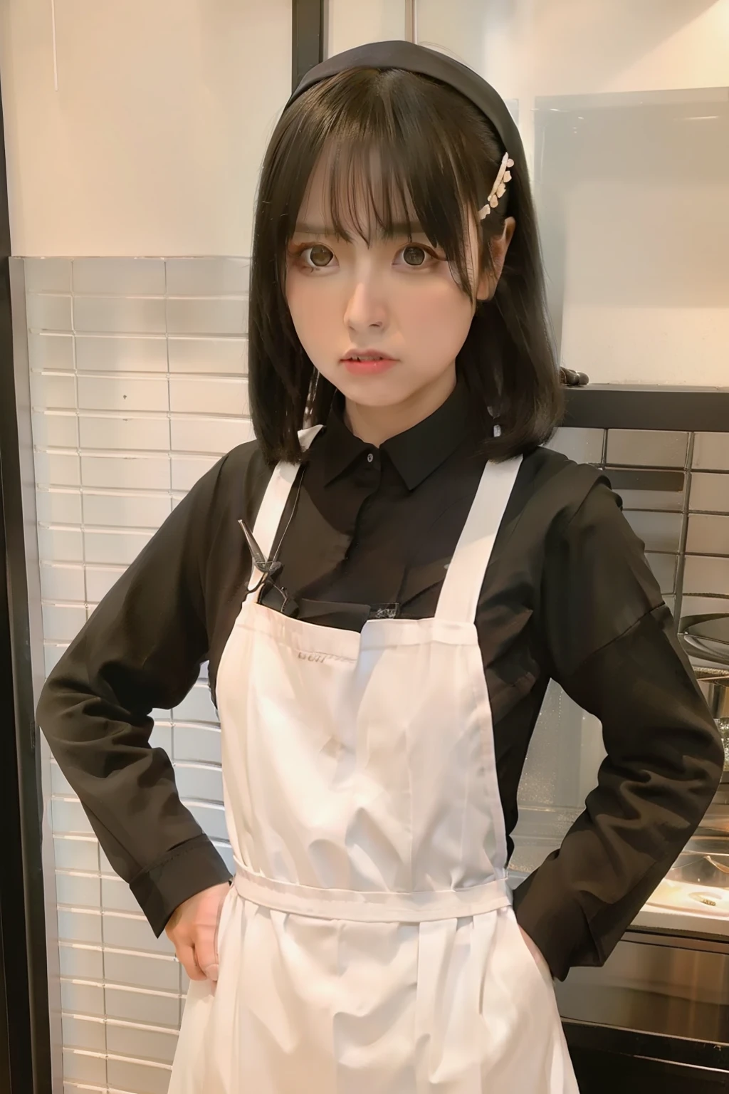 1girl, hinata hyuga, long black dress, white cook clothes, short hair, angry, white eye, realistic, ultra detail. 70mm lens.
