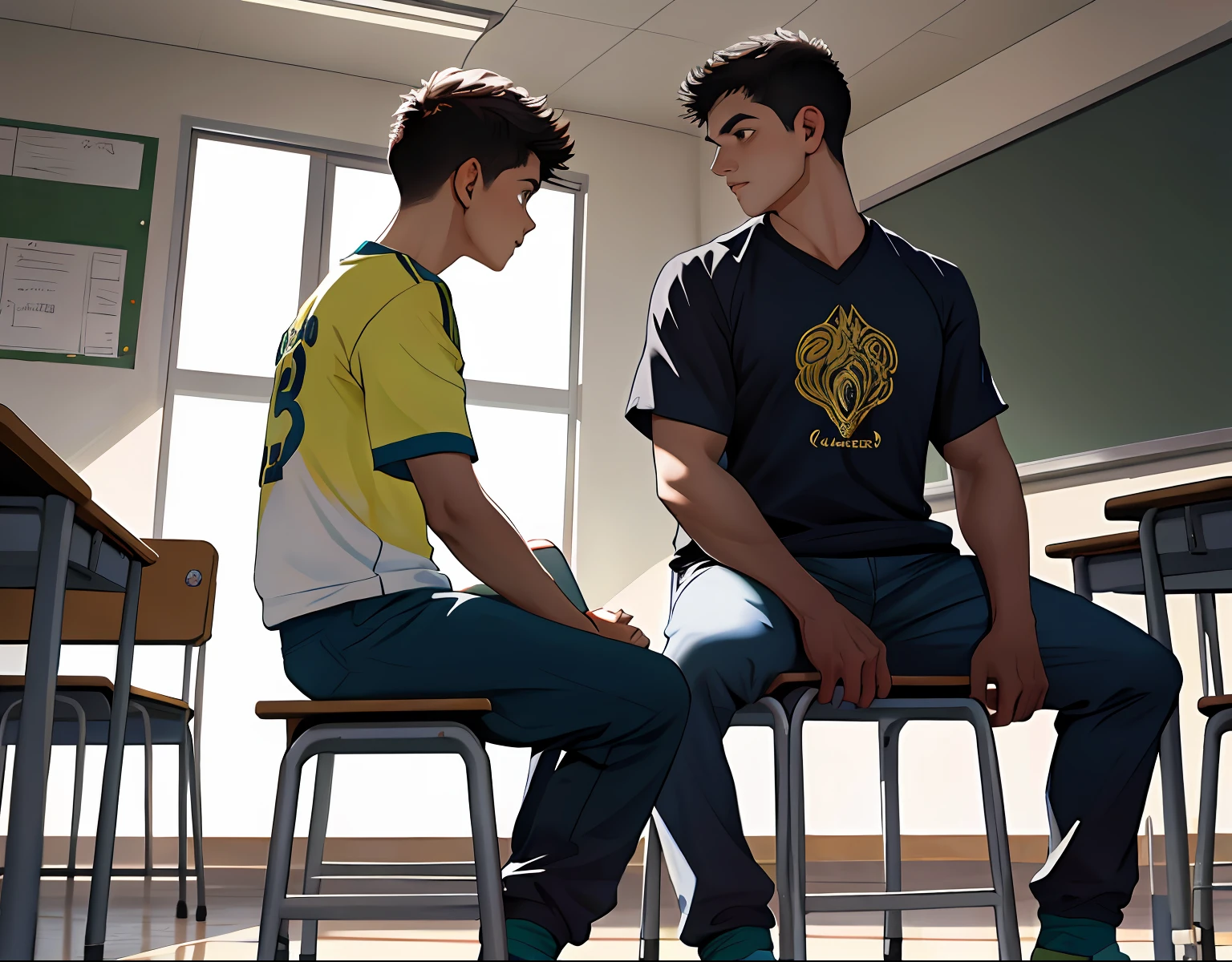 2boys , Parlero, dentro, (obra maestra, La mejor calidad, absurdos ), escuela,Classroom, no tienen puesta camiseta , estan sin camiseta
tienen pantaloneta de futbol, ,looking at eachother , rubor claro,