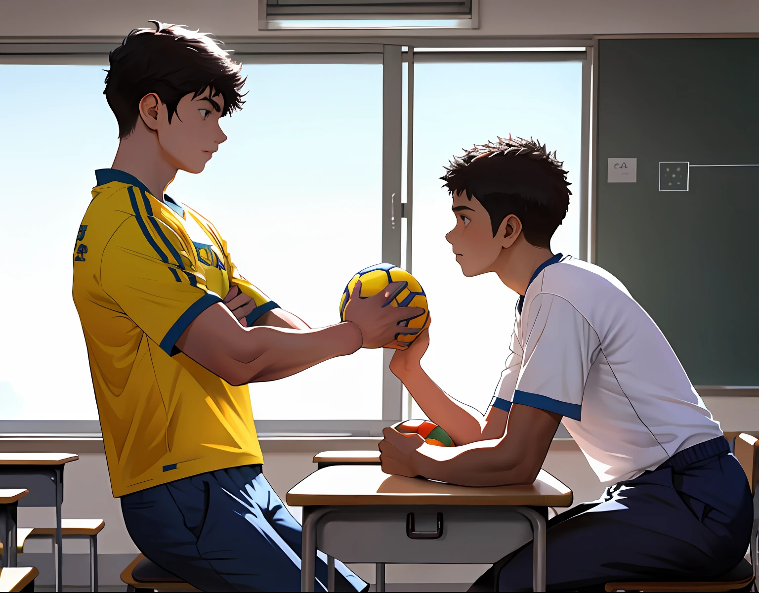 2boys , Parlero, dentro, (obra maestra, La mejor calidad, absurdos ), escuela,Classroom, no tienen puesta camiseta , estan sin camiseta
tienen pantaloneta de futbol, ,looking at eachother , rubor claro,