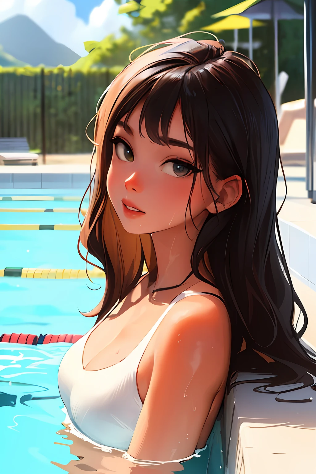 beautiful, lighting, masterpiece, best quality, 1girl, solo, sam yang, swimmer, bikini, stylish bikini, small breast, cleavage, tan line, portrait shot, looking at viewer, detailed face, detailed eyes, detailed hair, partially submerged, outdoor pool, wet skin, wet hair, high quality water, HD, 4k, ultra setting