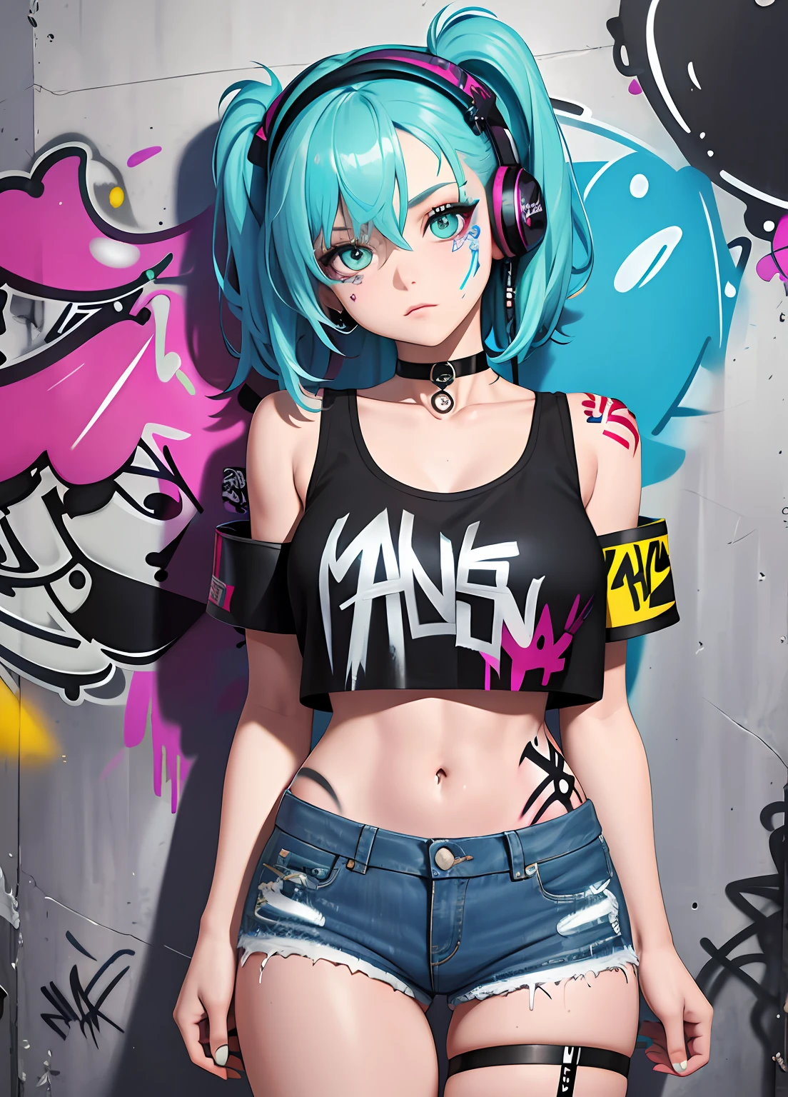 masterpiece, best quality, 1girl, solo, crop top, denim shorts, choker, (graffiti:1.5), paint splatter, arms behind back, against wall, looking at viewer, armband, thigh strap, paint on body, head tilt, bored, multicolored hair, aqua eyes, headset,