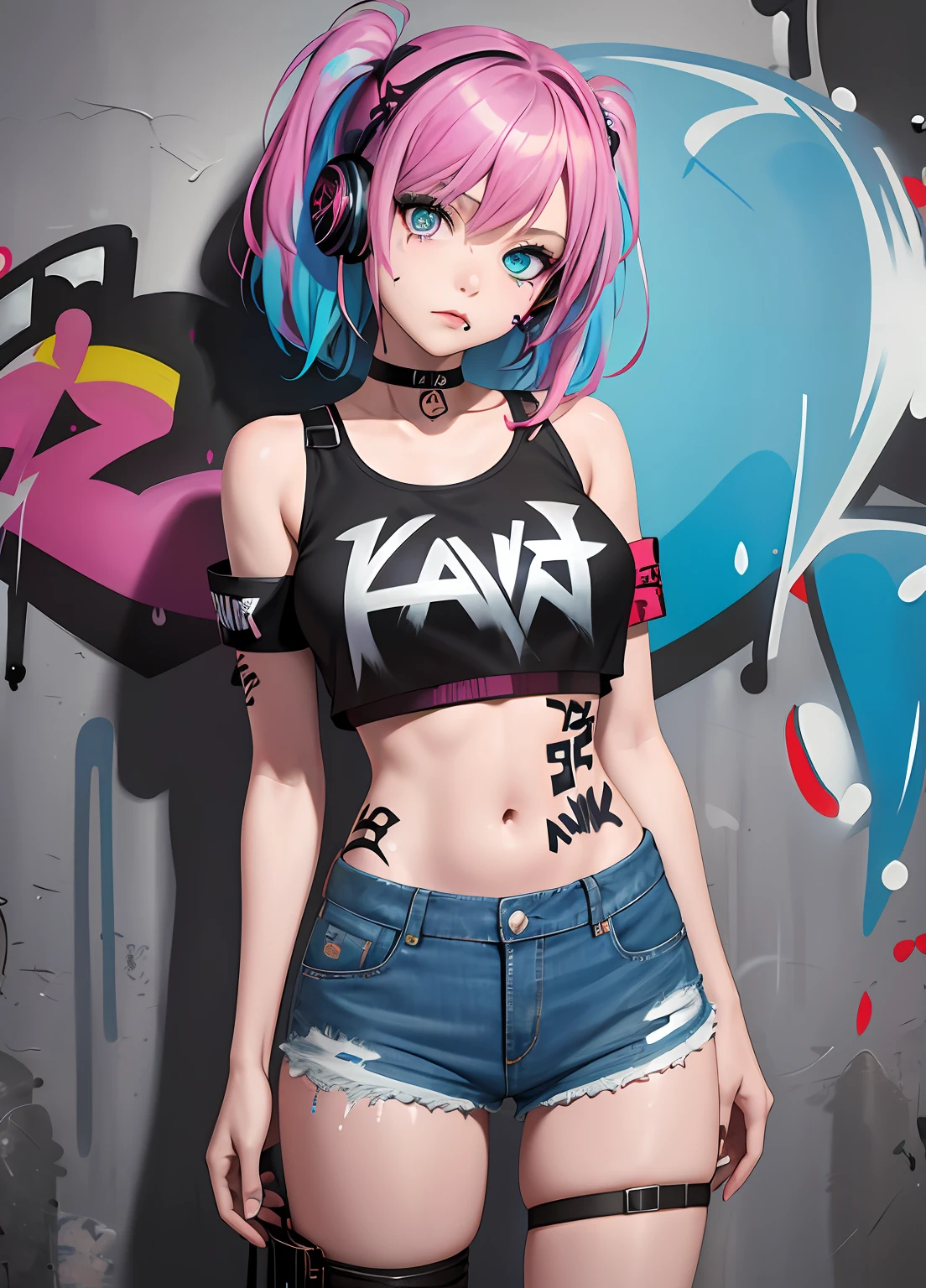 masterpiece, best quality, 1girl, solo, crop top, denim shorts, choker, (graffiti:1.5), paint splatter, arms behind back, against wall, looking at viewer, armband, thigh strap, paint on body, head tilt, bored, multicolored hair, aqua eyes, headset,