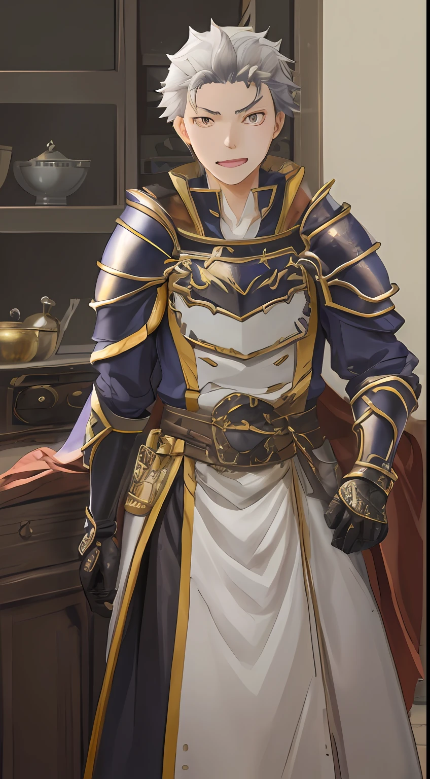 (1 Adult male),A high resolution, Sharp focus, Pixiv masterpiece, ((Complicated details)), highly detailed, natsuki_subaru, 1 man, with her mouth open,drools,full bodyesbian, Golden eyes(eyes glowing), with short white hair,Armour,cloaks,Shoulder armor,perspire,look from down
