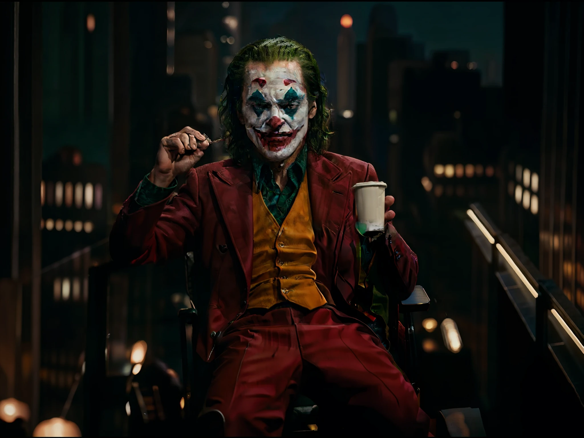 The joker camping on the top of building in city, drinking coffee, sitting in chair, evening, Top-down view, Building lights, realistic, Cinematic